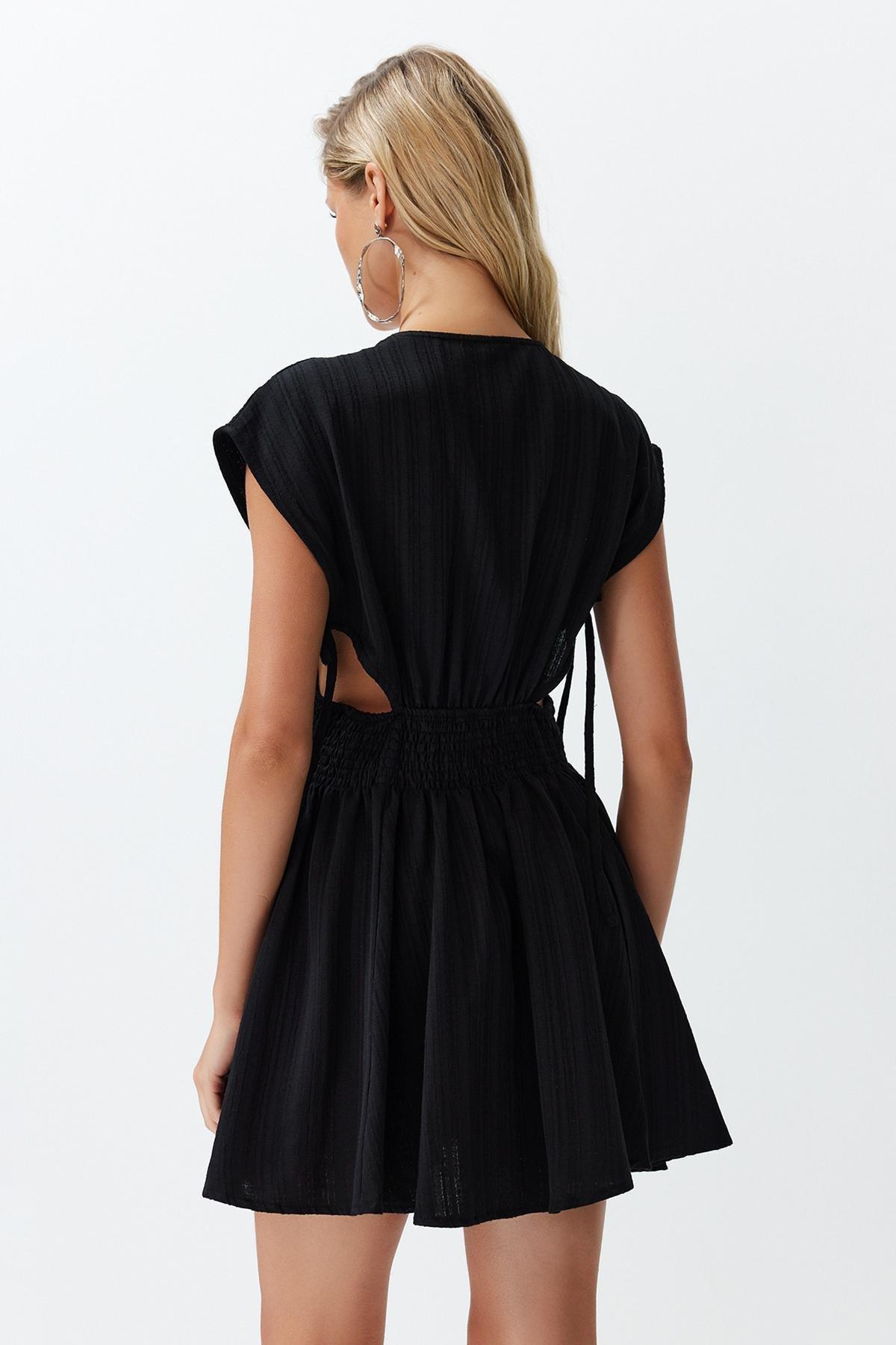 Black Mini Woven Cut Out Beach Dress, , large image number 6
