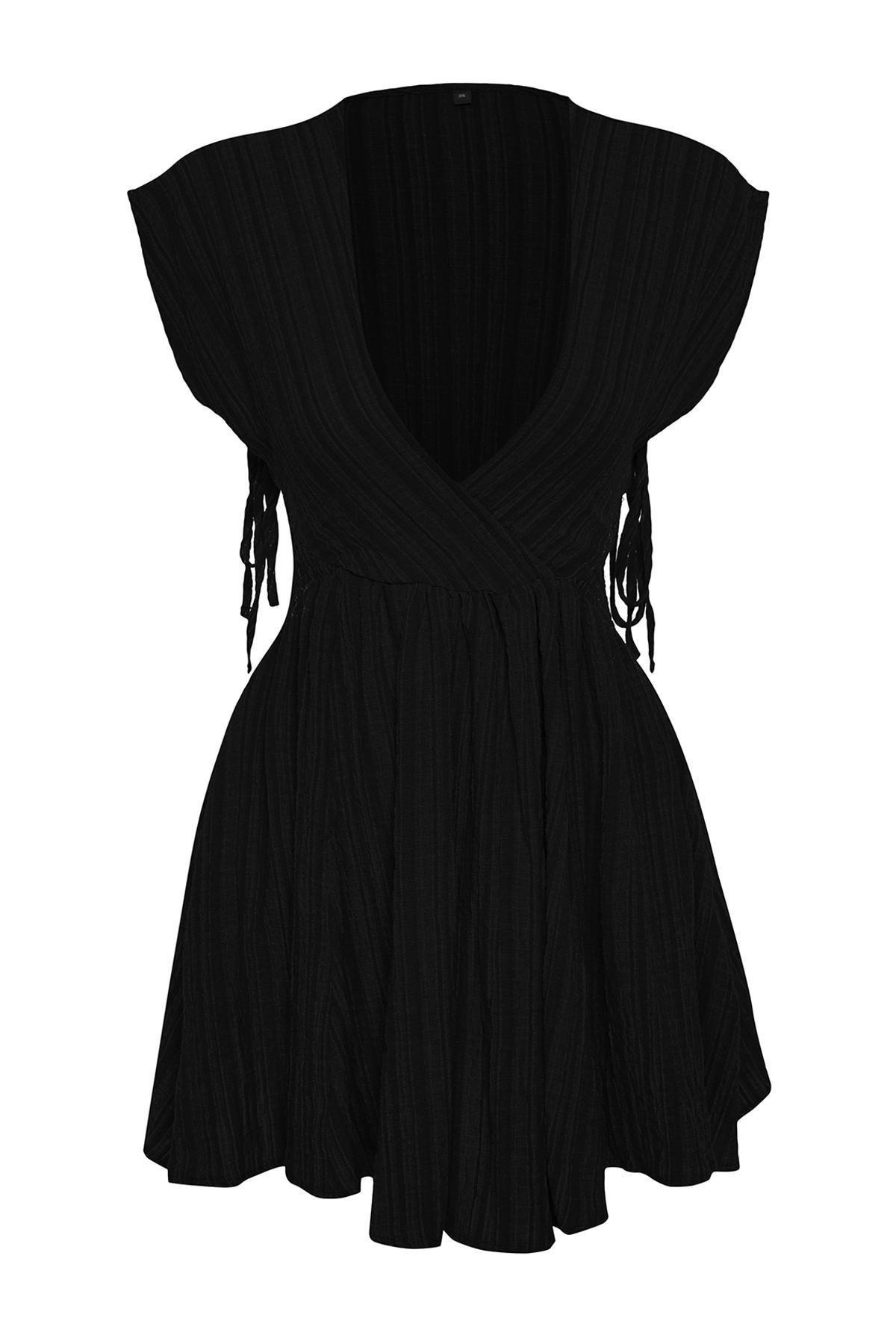 Black Mini Woven Cut Out Beach Dress, , large image number 7