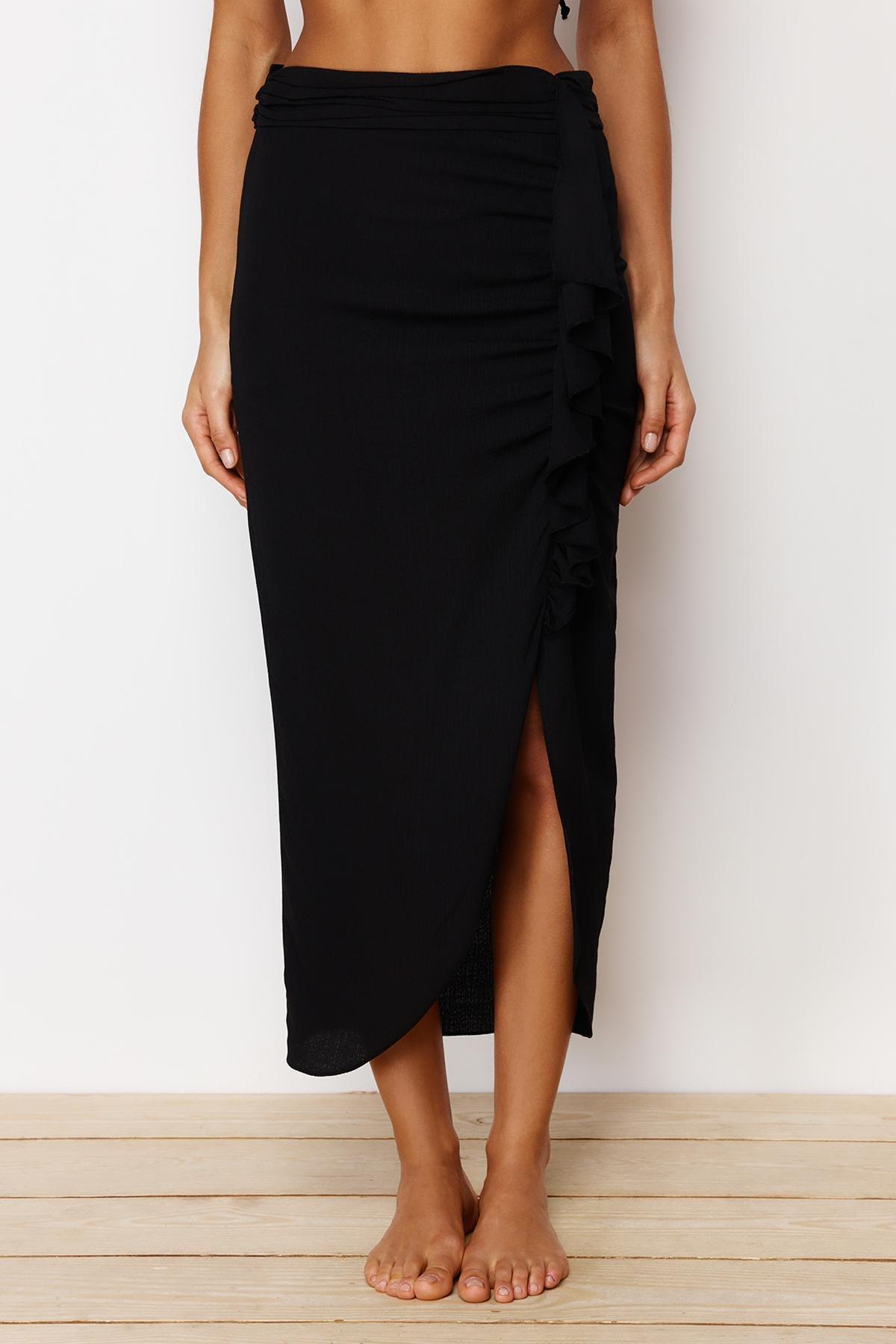 Black Midi Woven Flounce Skirt TBESS24ET00015, single, C101_2094, large image number 2