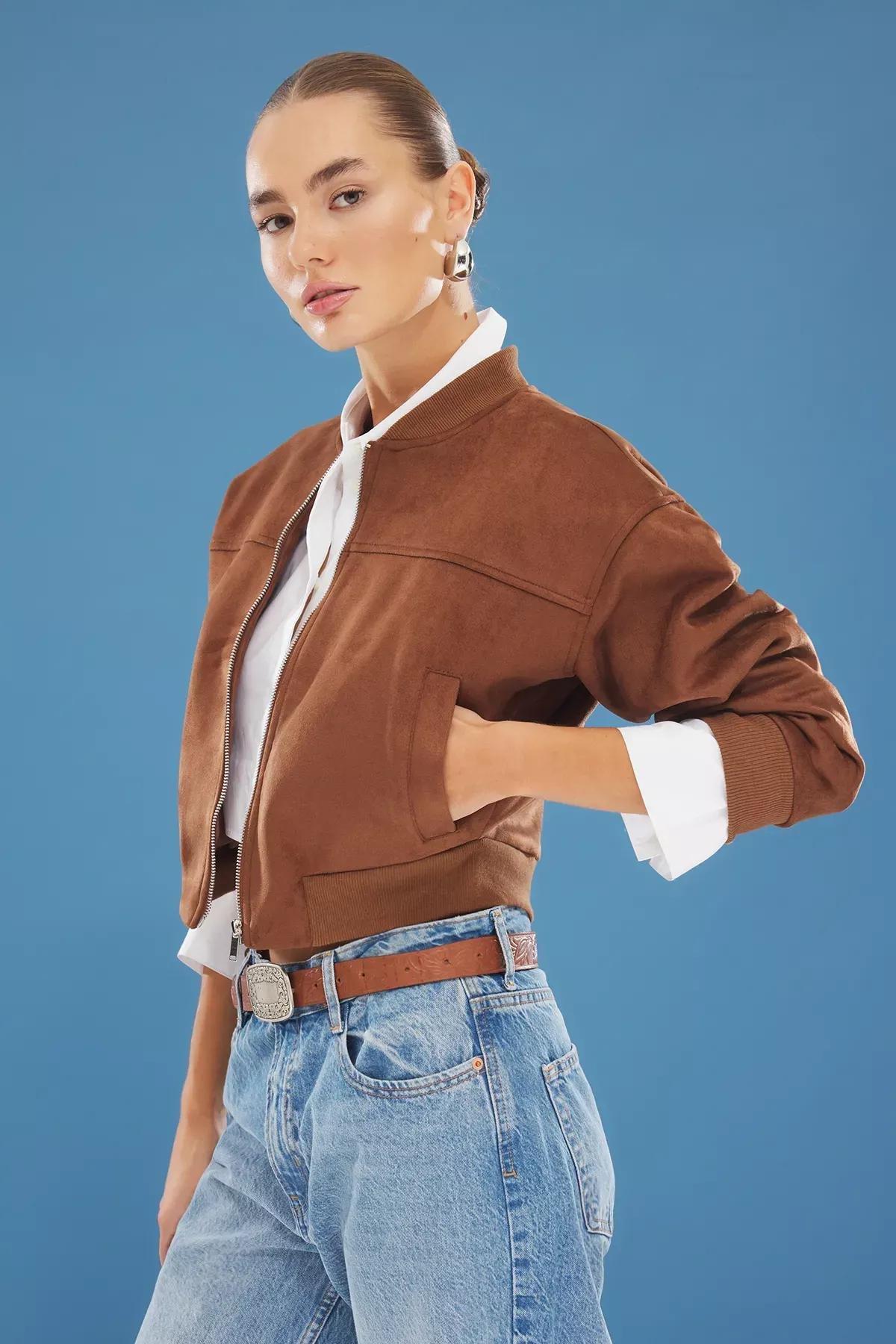 Brown Suede Oversized Bomber Jacket, , large image number 1