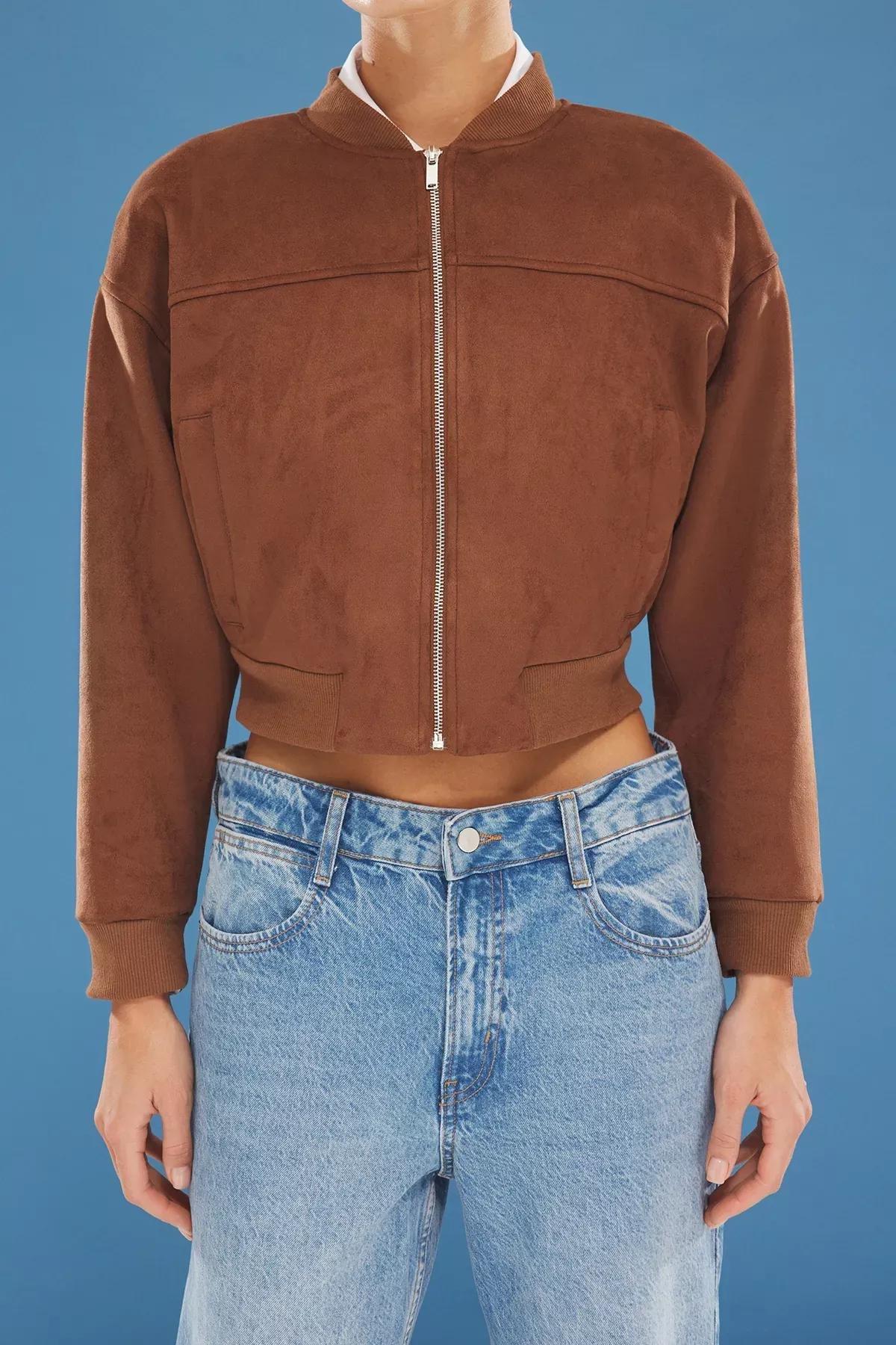 Brown Suede Oversized Bomber Jacket, , large image number 2