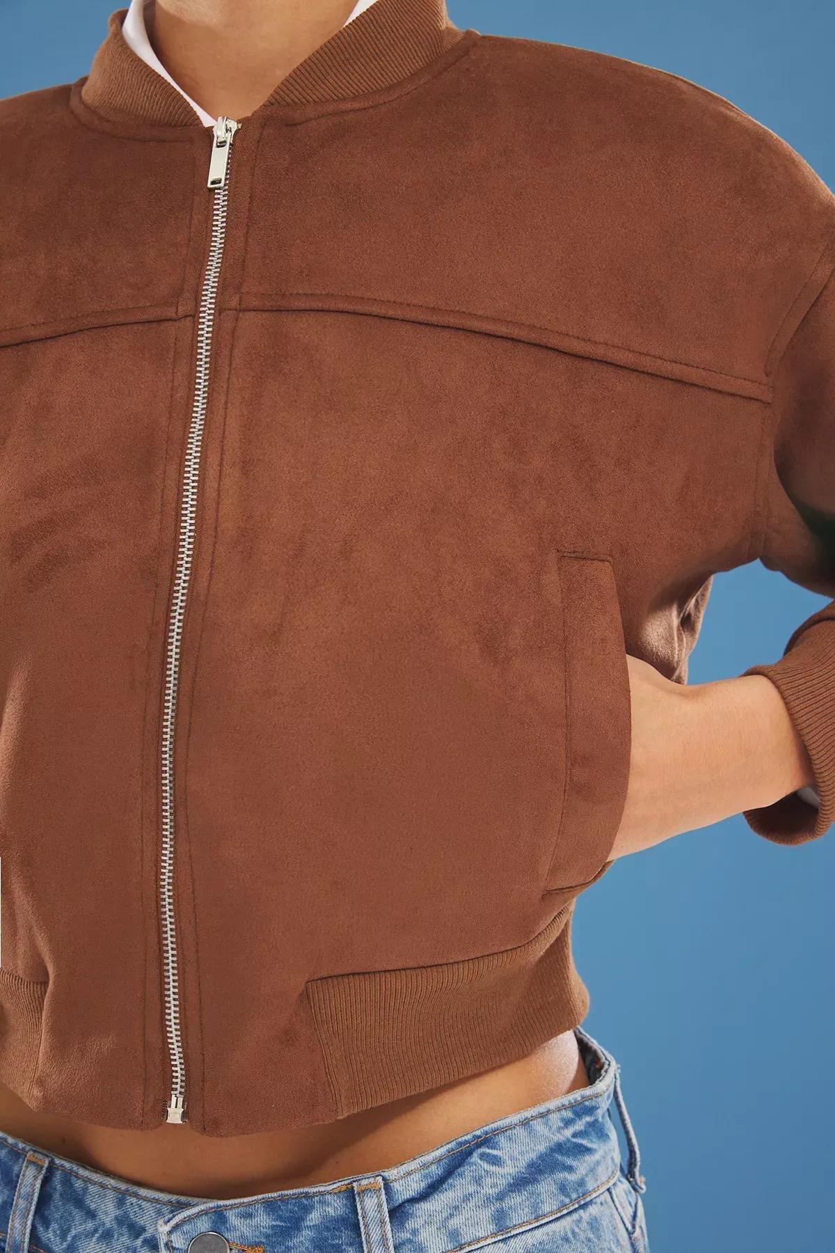 Brown Suede Oversized Bomber Jacket, , large image number 3