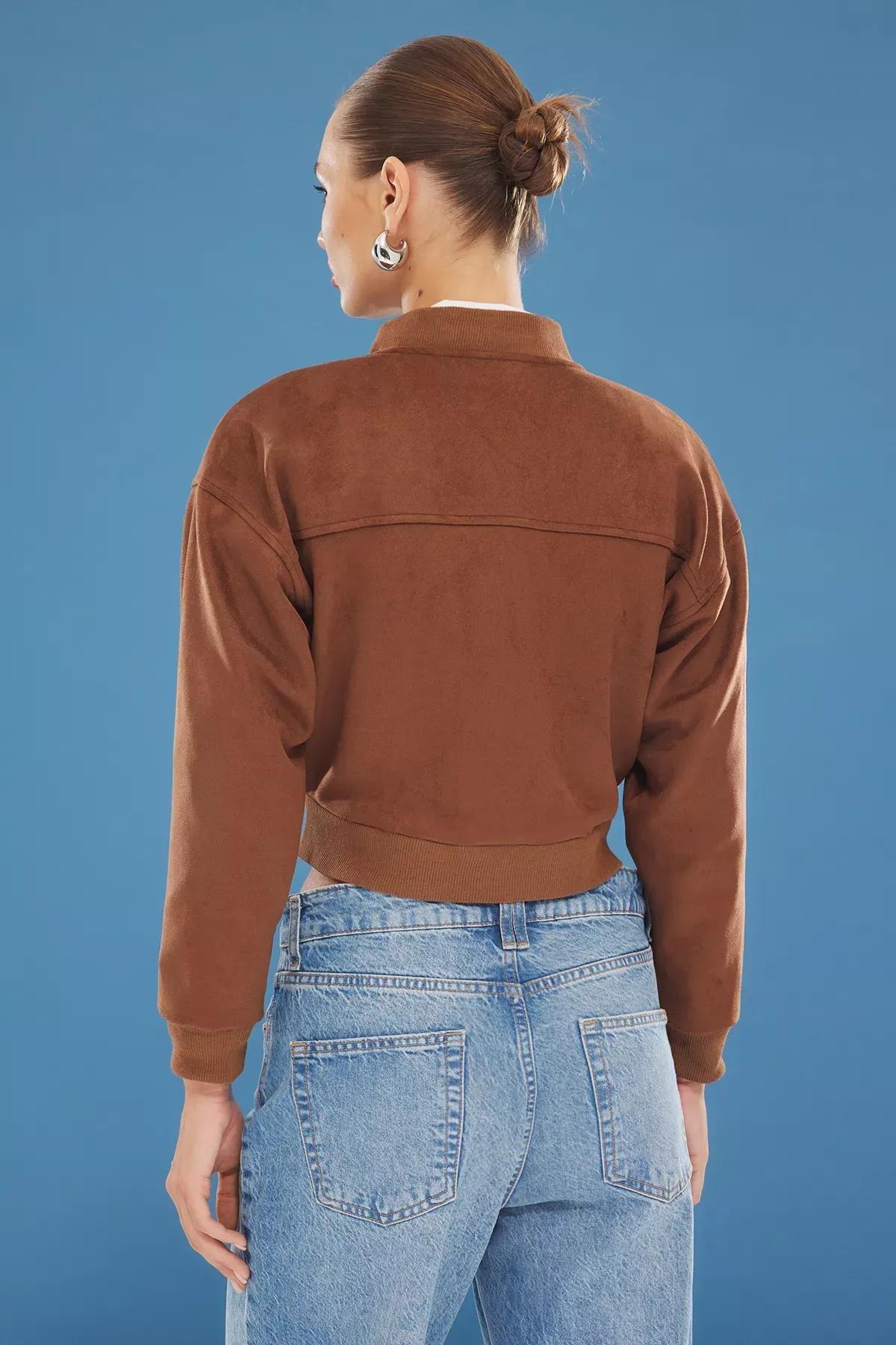 Brown Suede Oversized Bomber Jacket, , large image number 4