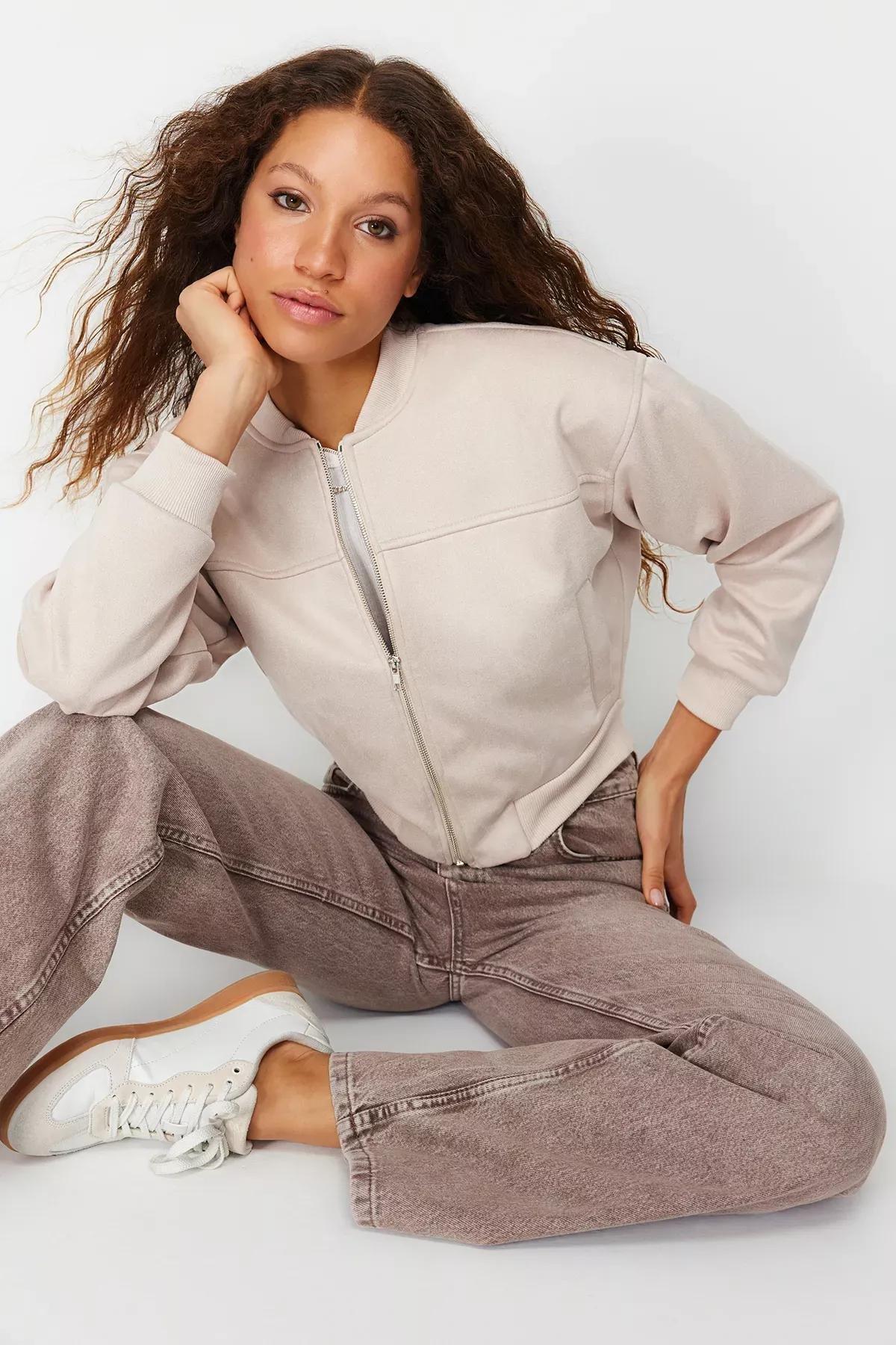 Beige Oversize Bomber Jacket, STONE, medium