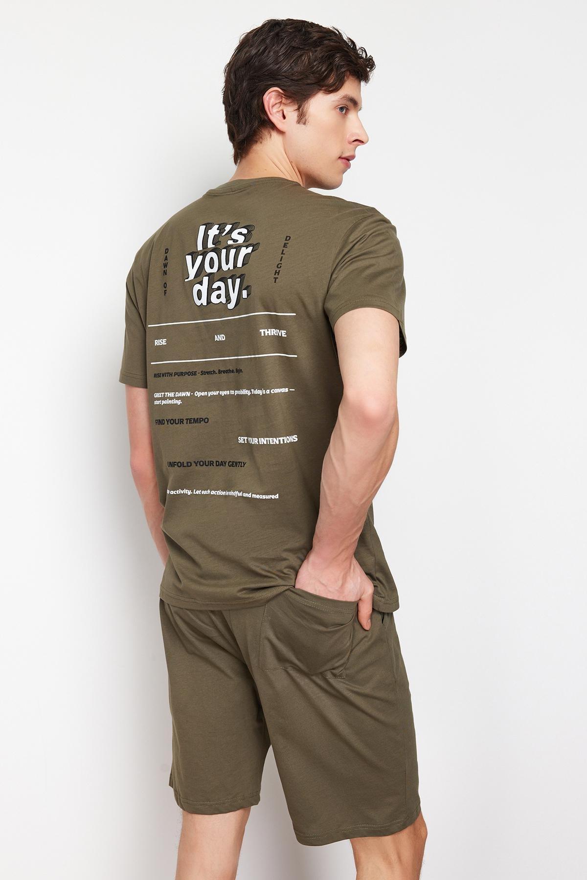 Khaki Printed Knitted Pyjama Set, , large image number 0