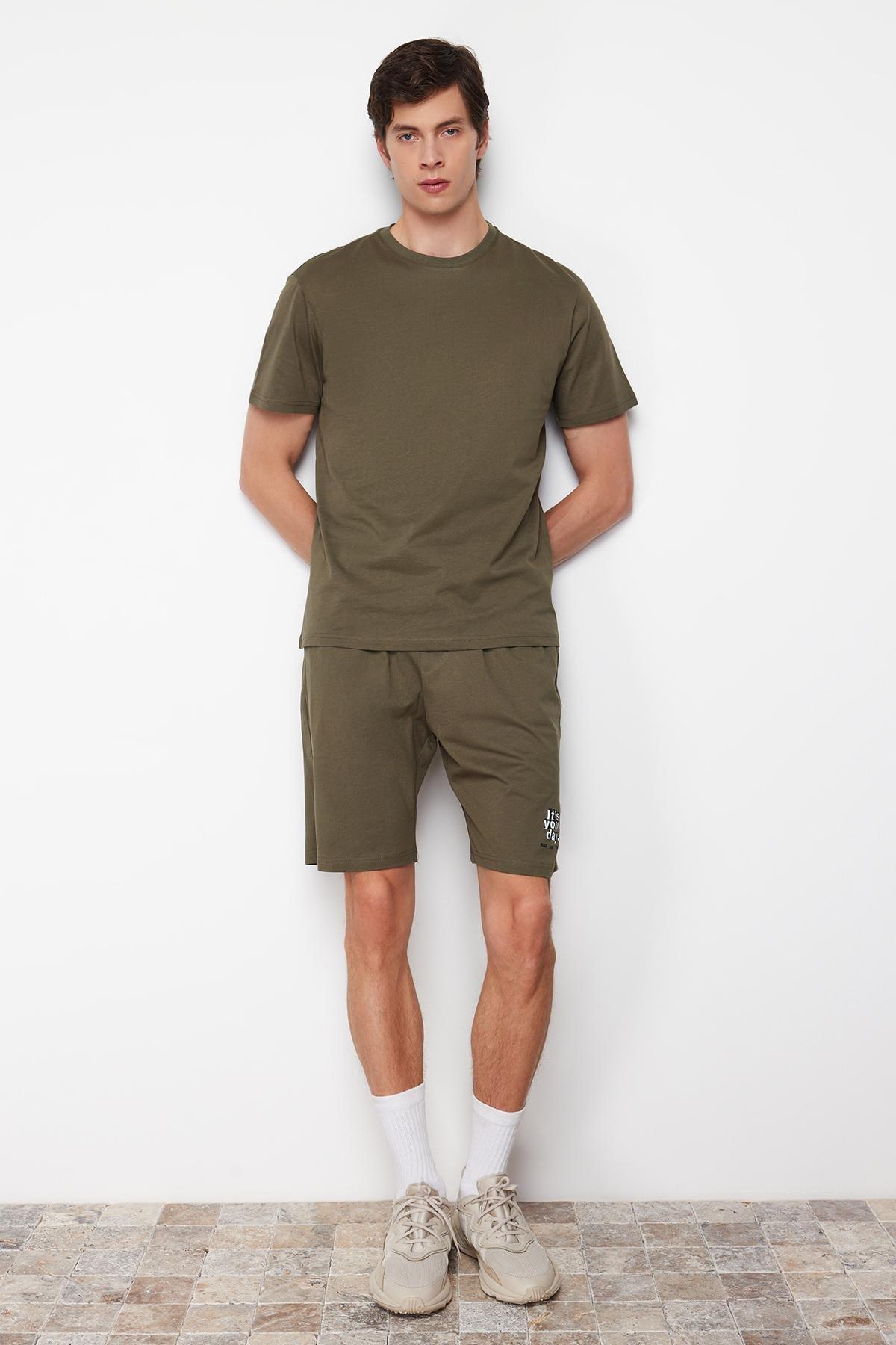 Khaki Printed Knitted Pyjama Set, , large image number 1