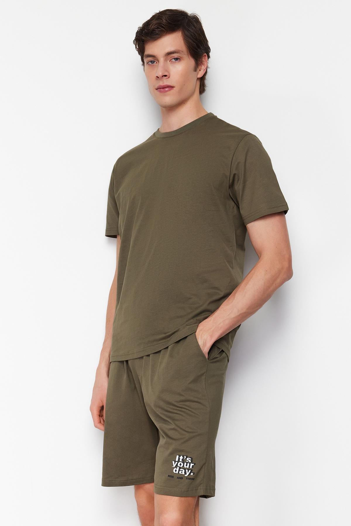 Khaki Printed Knitted Pyjama Set, , large image number 2