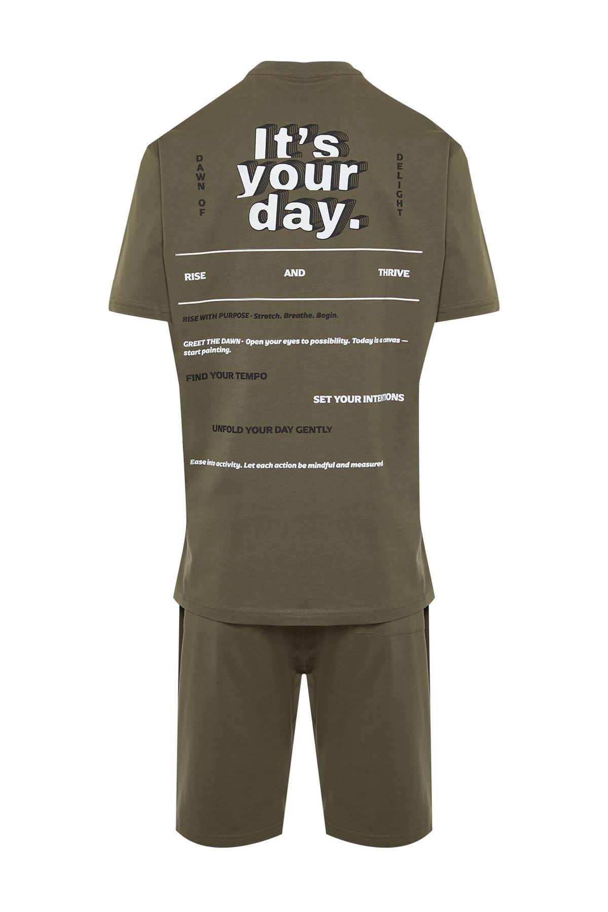 Khaki Printed Knitted Pyjama Set, , large image number 5