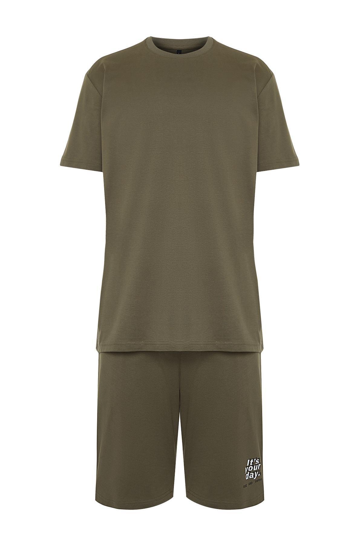 Khaki Printed Knitted Pyjama Set, , large image number 6