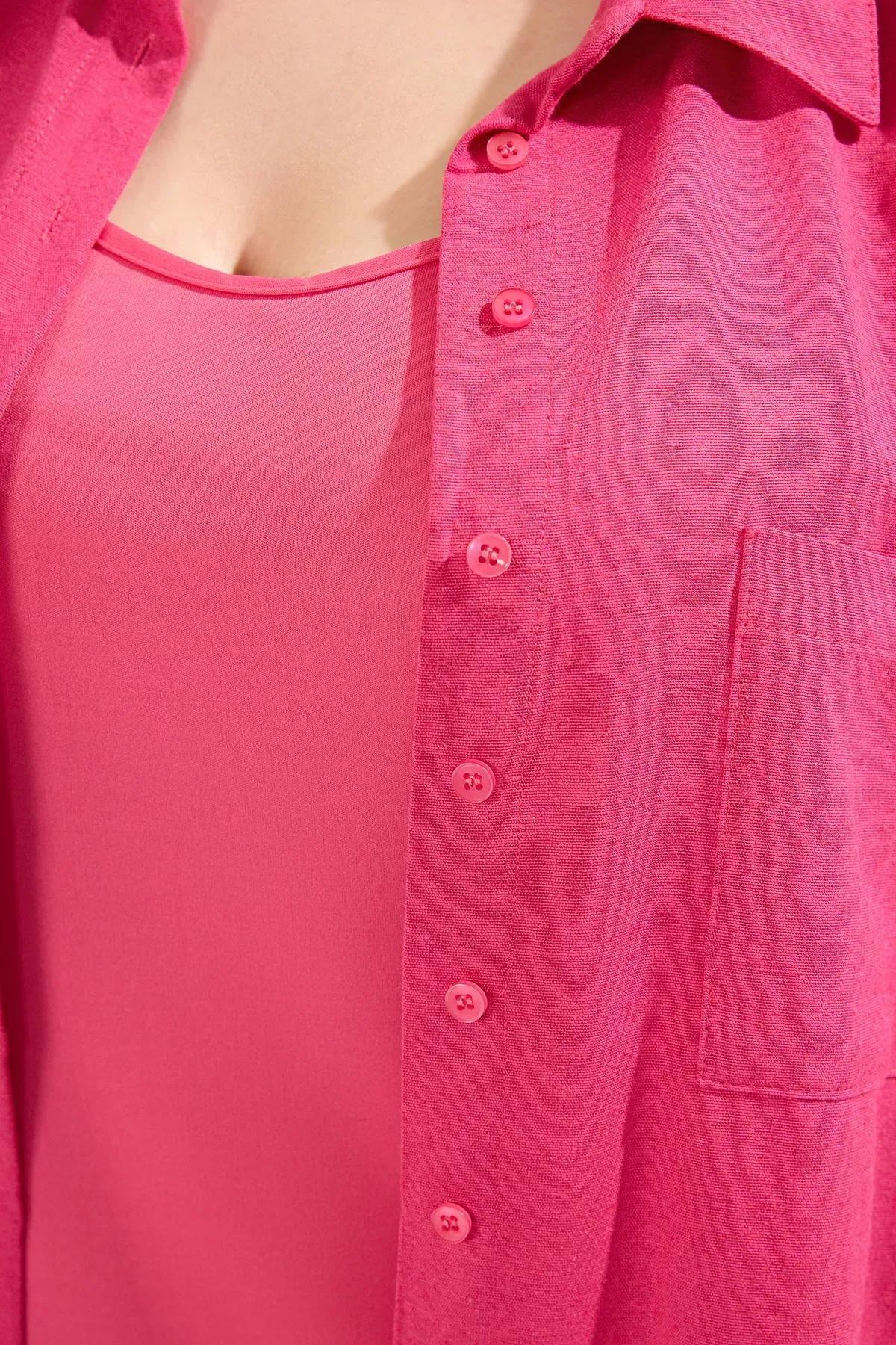 Pink Buttoned Midi Linen Dress, Fuchsia, large image number 3