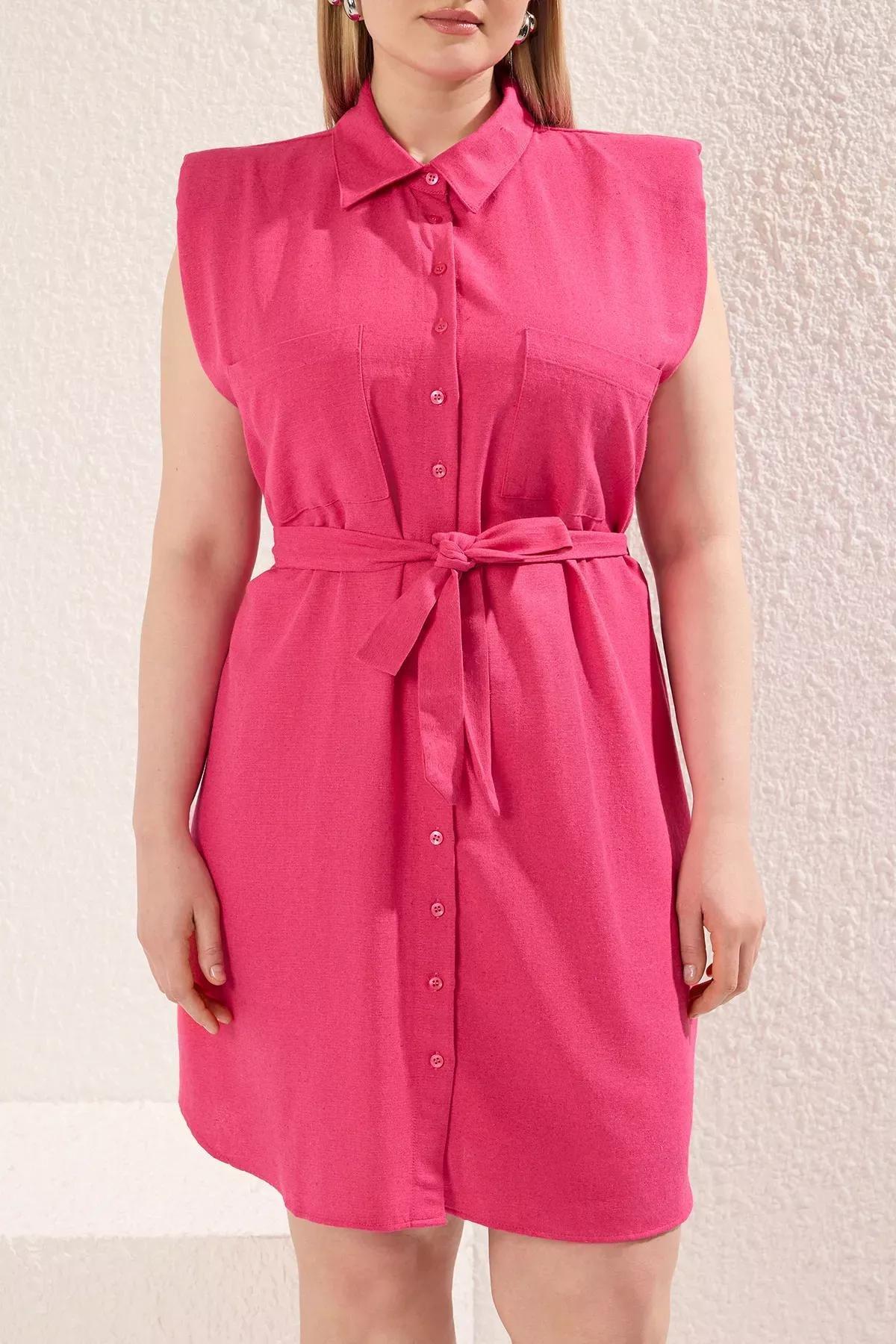 Pink Buttoned Midi Linen Dress, Fuchsia, large image number 4