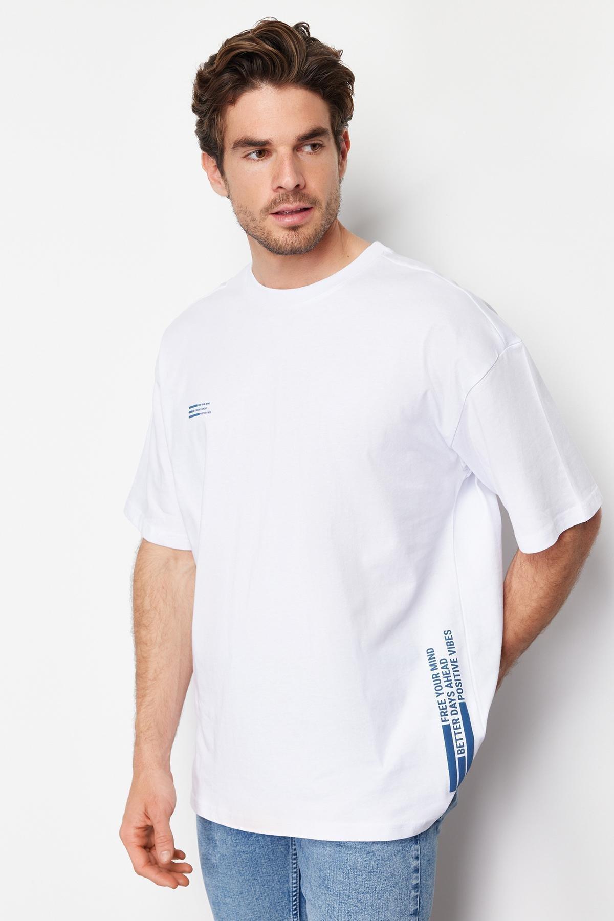 Mens White Oversize Text Printed 100% Cotton T-Shirt, , large image number 0