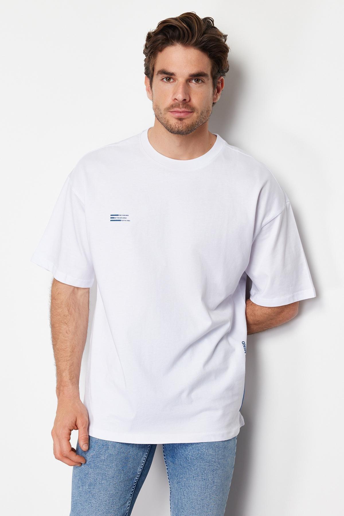Mens White Oversize Text Printed 100% Cotton T-Shirt, , large image number 1