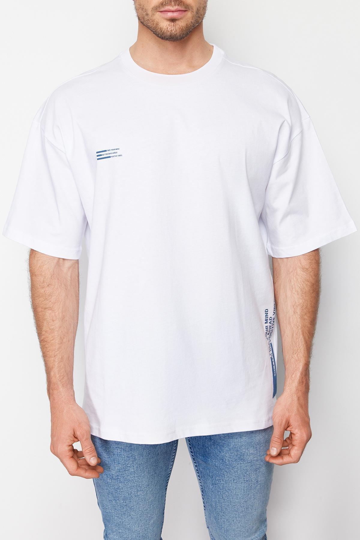 Mens White Oversize Text Printed 100% Cotton T-Shirt, , large image number 2