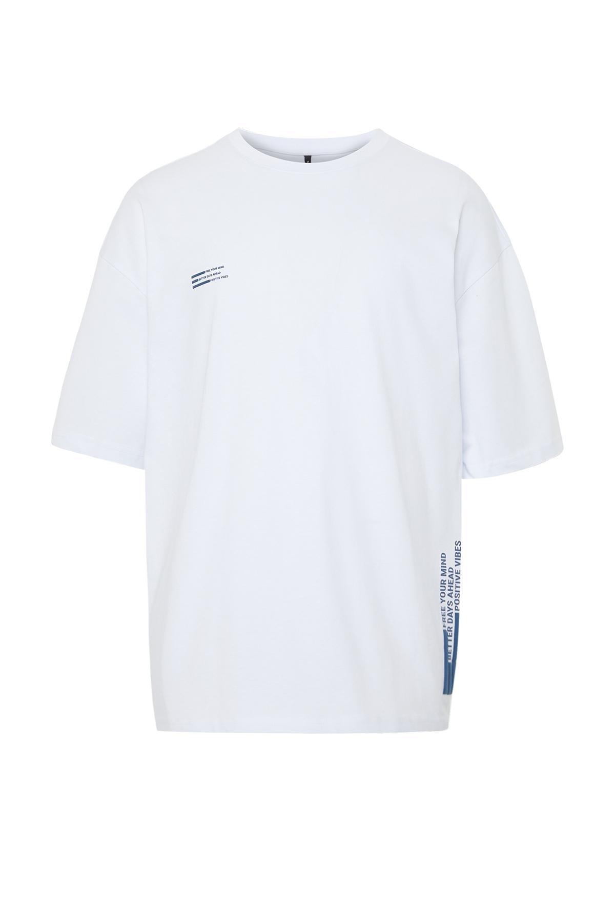 Mens White Oversize Text Printed 100% Cotton T-Shirt, , large image number 4