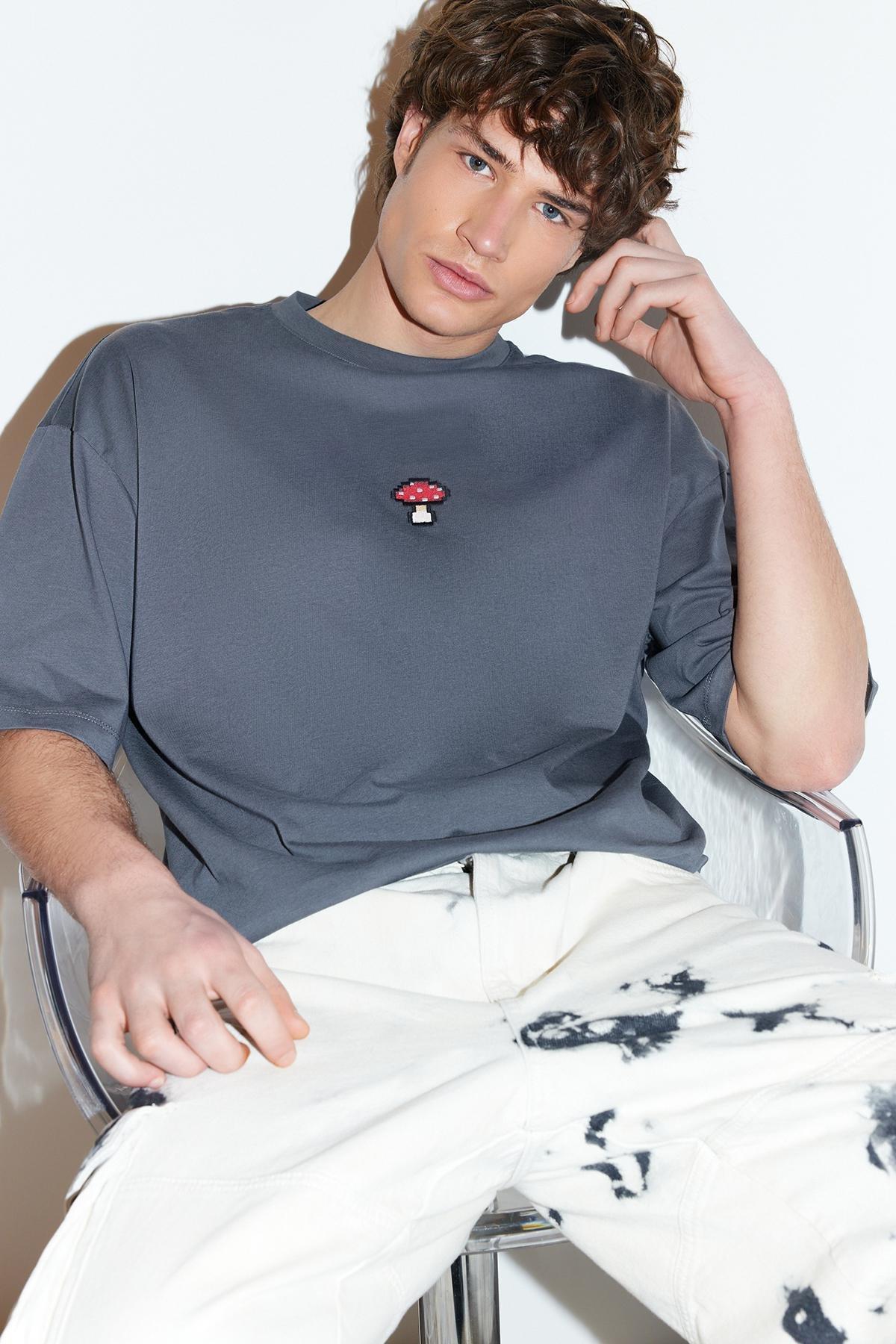 Grey Oversize Embroidered T-Shirt, , large image number 0