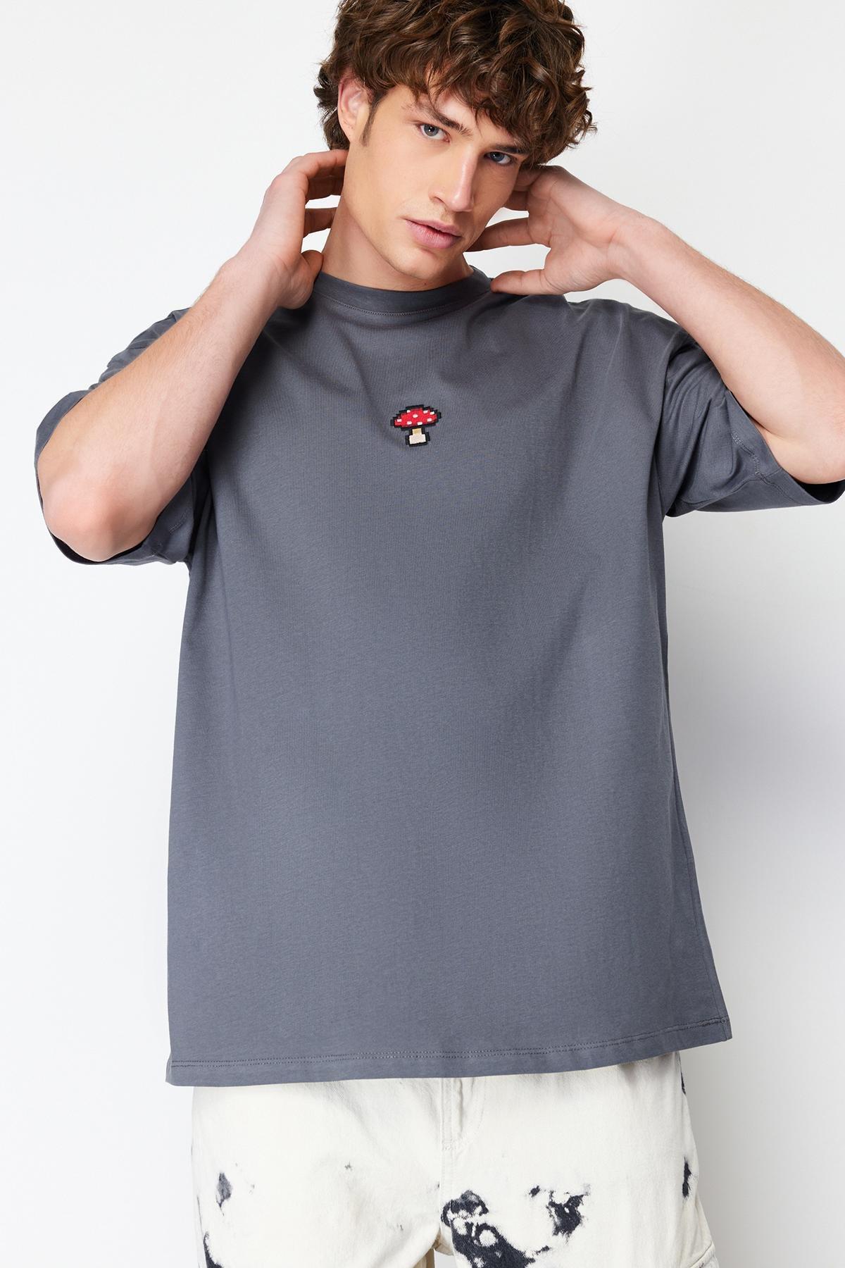 Grey Oversize Embroidered T-Shirt, , large image number 2