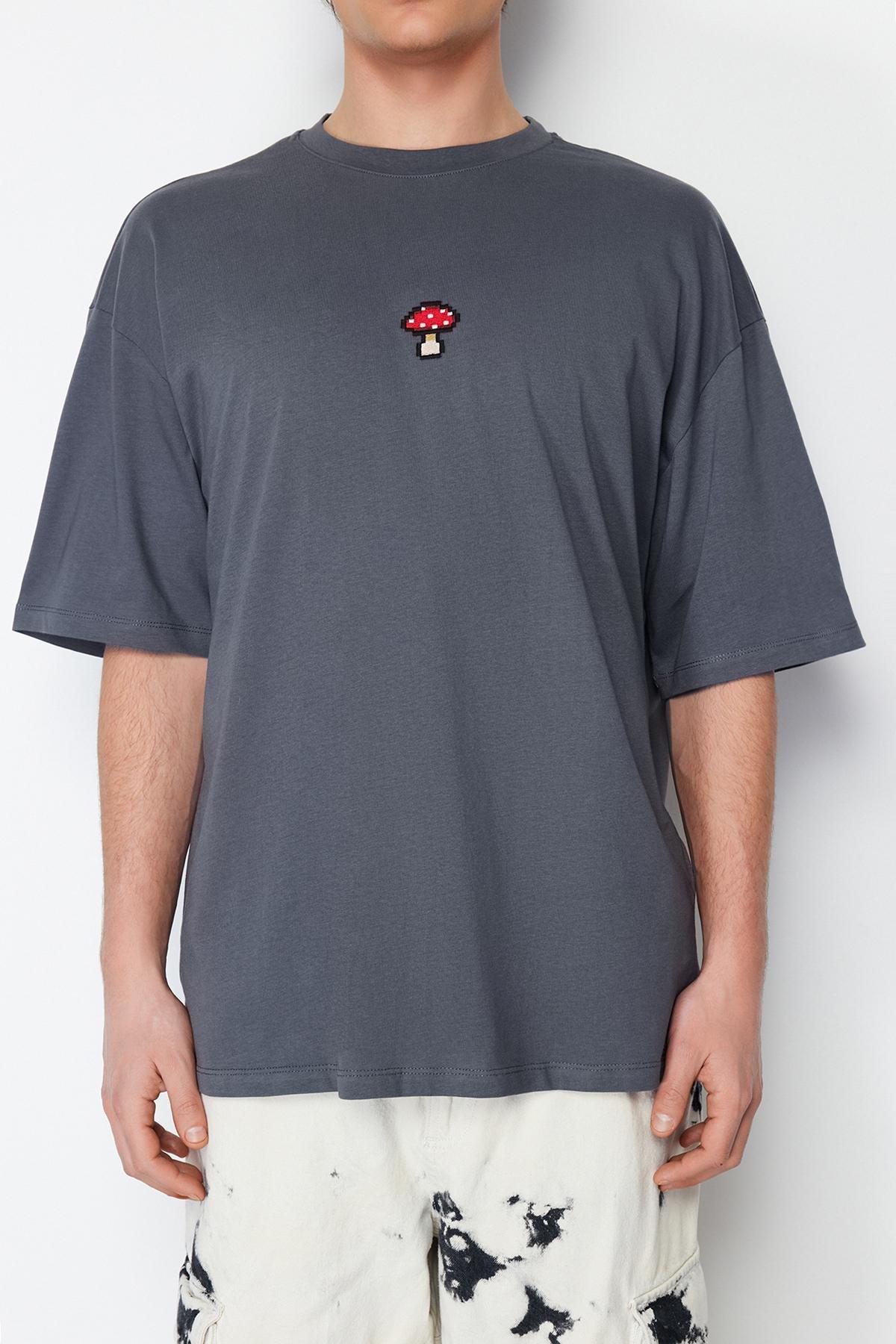 Grey Oversize Embroidered T-Shirt, , large image number 3