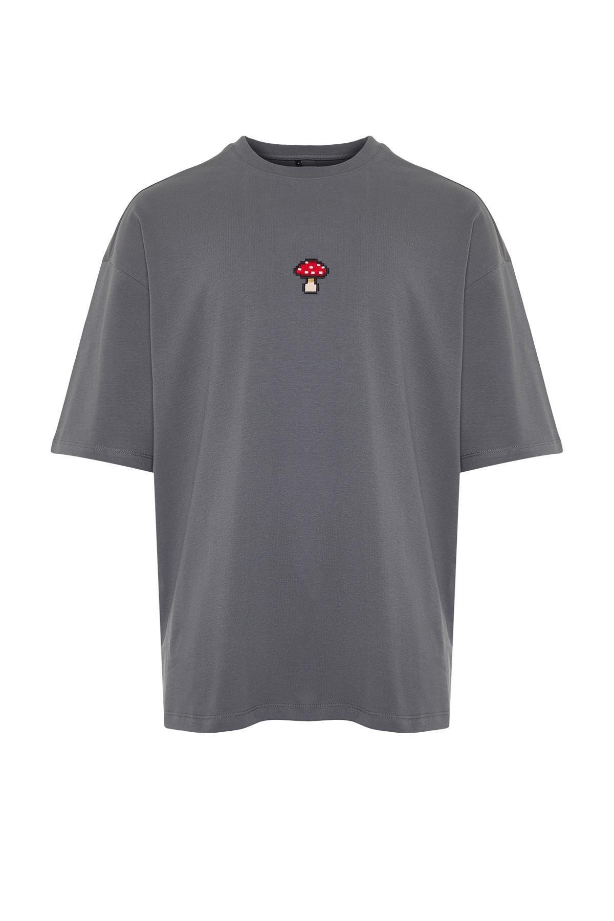 Grey Oversize Embroidered T-Shirt, , large image number 5