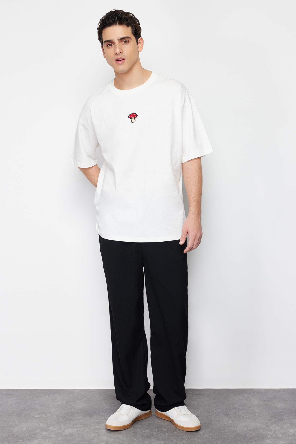 Ecru Oversize Mushroom Embroidered 100% Cotton T-Shirt TMNSS24TS00070, , large image number 0