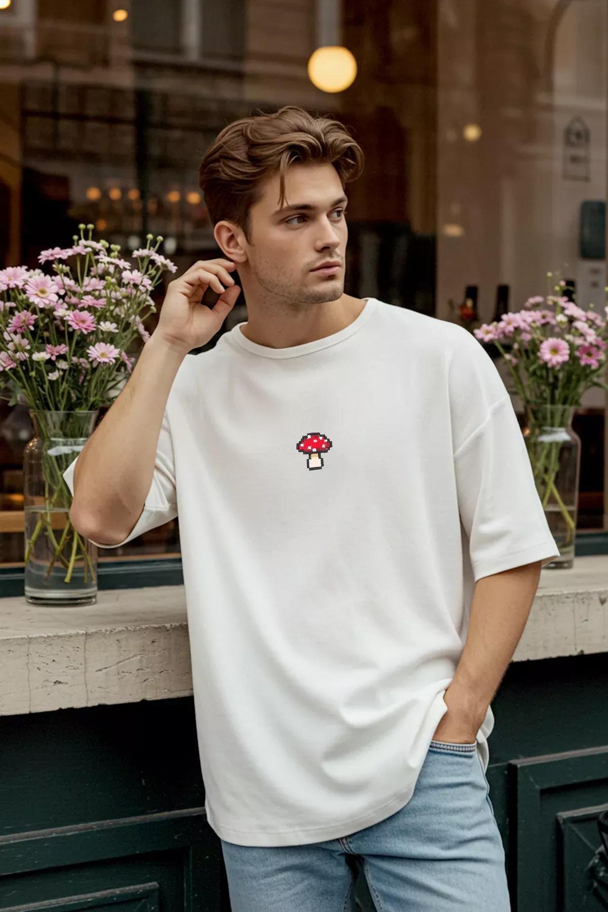 Beige Oversize Embroidered T-Shirt, Ecru, medium