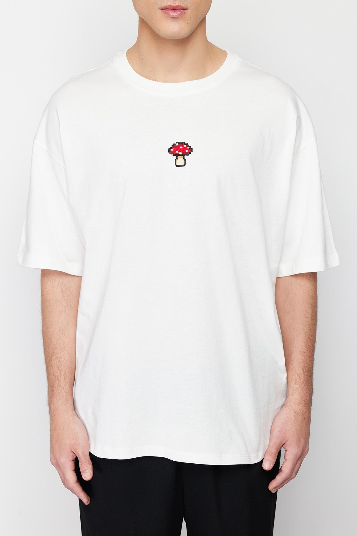 Ecru Oversize Mushroom Embroidered 100% Cotton T-Shirt TMNSS24TS00070, , large image number 2