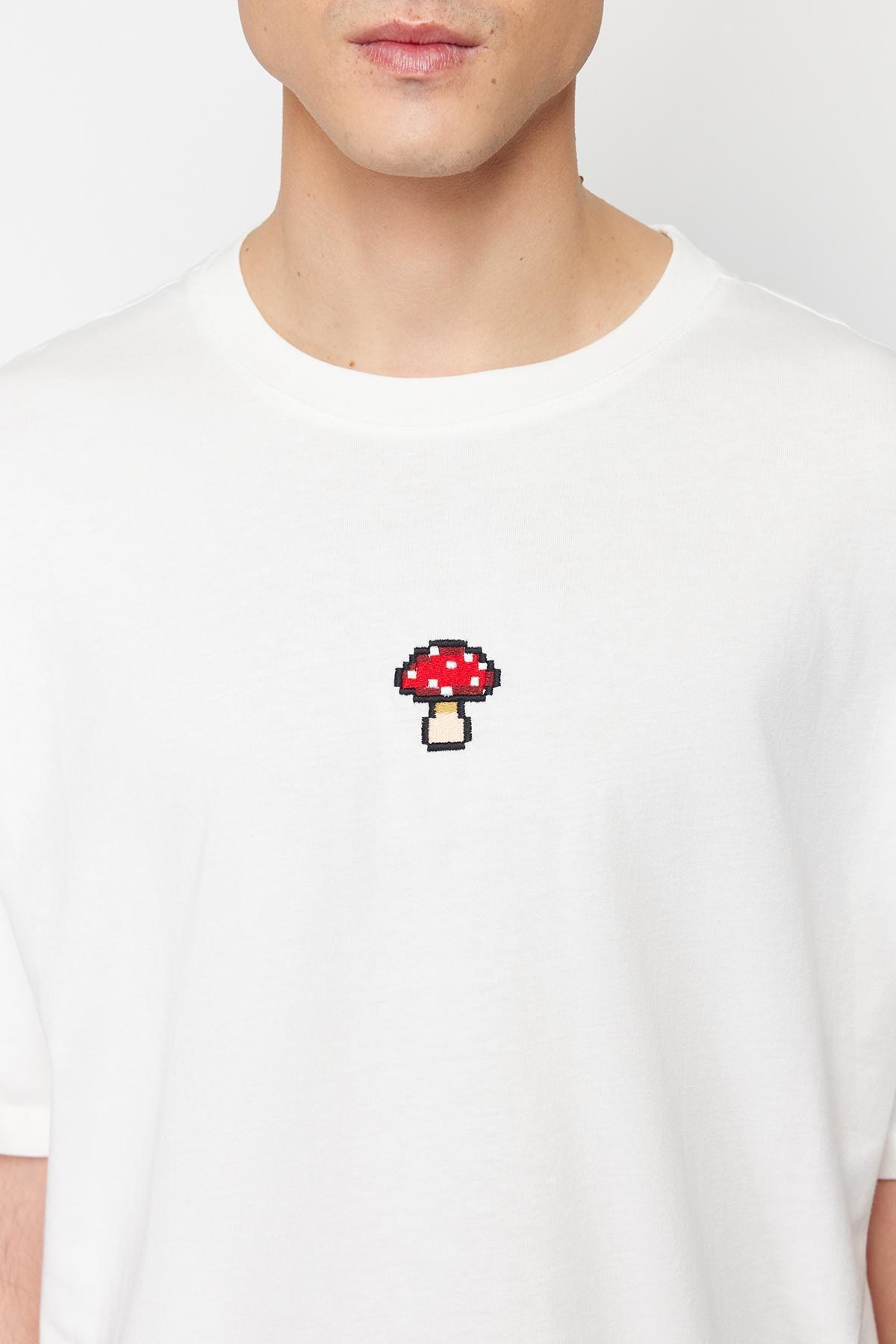 Ecru Oversize Mushroom Embroidered 100% Cotton T-Shirt TMNSS24TS00070, , large image number 3