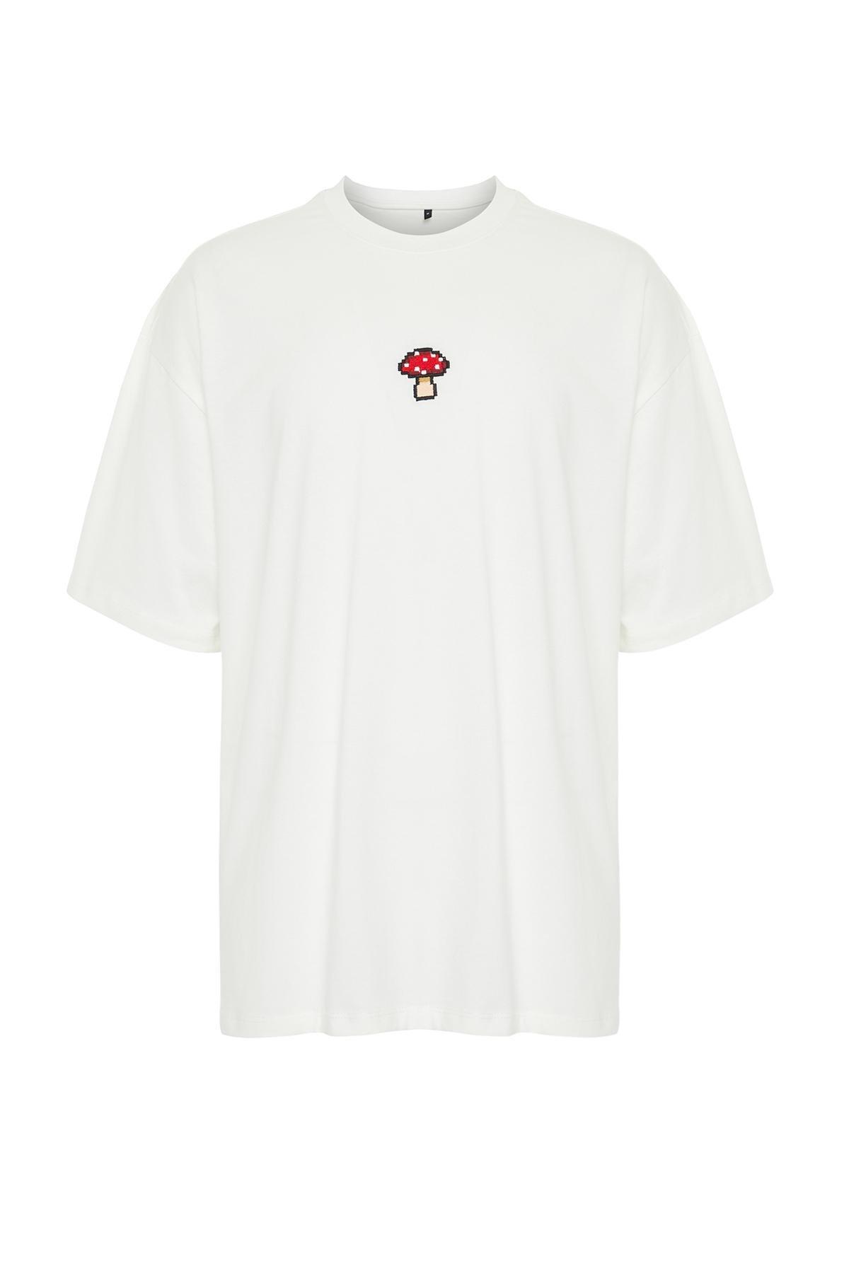 Ecru Oversize Mushroom Embroidered 100% Cotton T-Shirt TMNSS24TS00070, , large image number 4