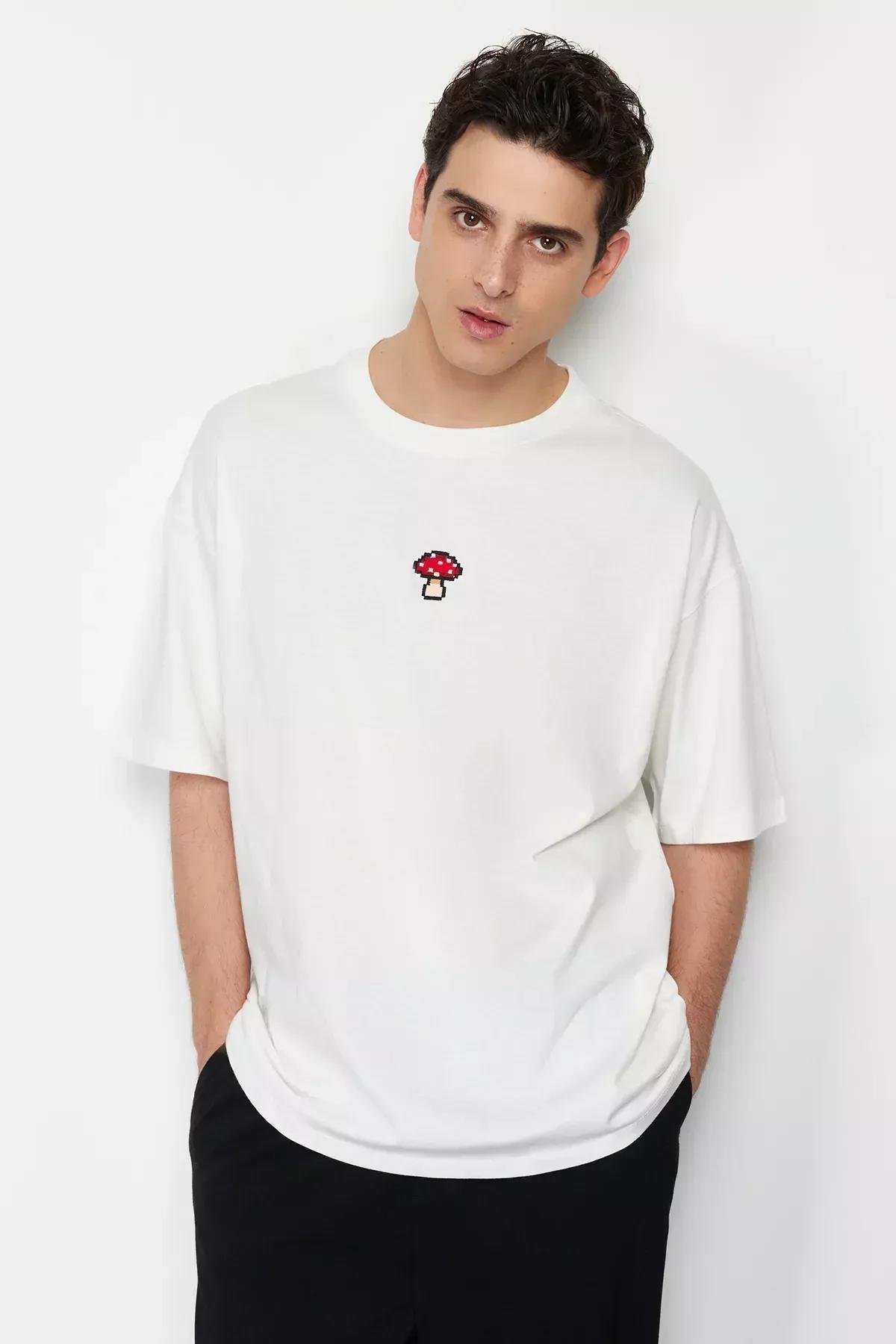 Beige Oversize Embroidered T-Shirt, Ecru, large image number 4