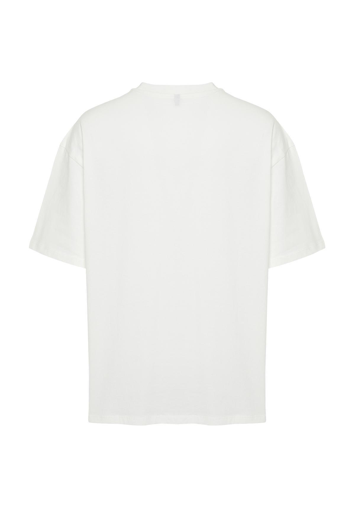 Ecru Oversize Mushroom Embroidered 100% Cotton T-Shirt TMNSS24TS00070, , large image number 5