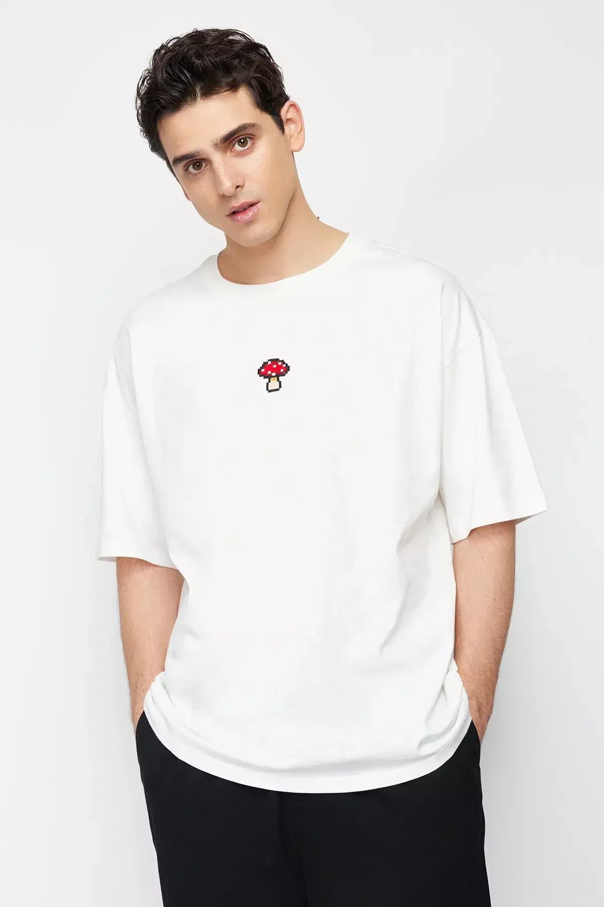 Beige Oversize Embroidered T-Shirt, Ecru, large image number 6