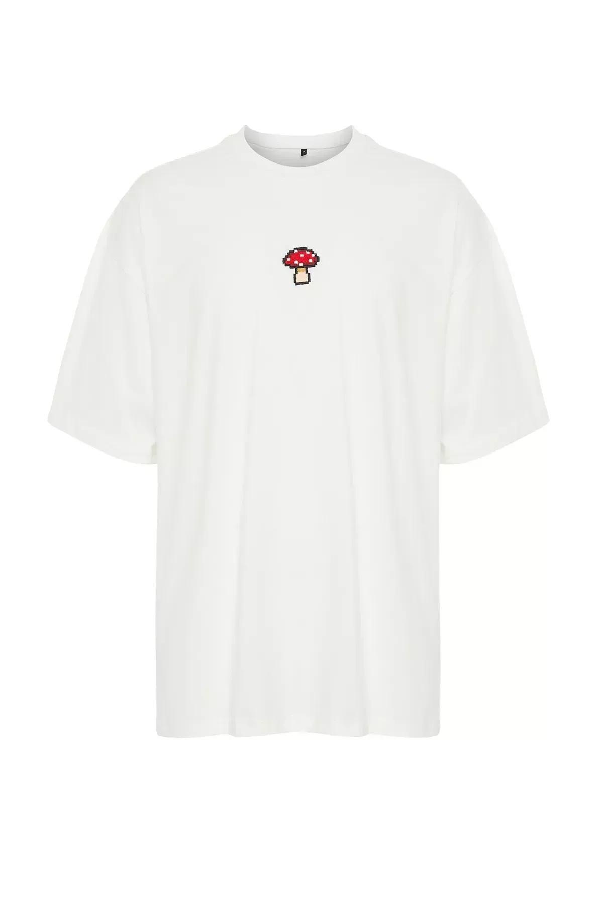 Beige Oversize Embroidered T-Shirt, Ecru, large image number 10