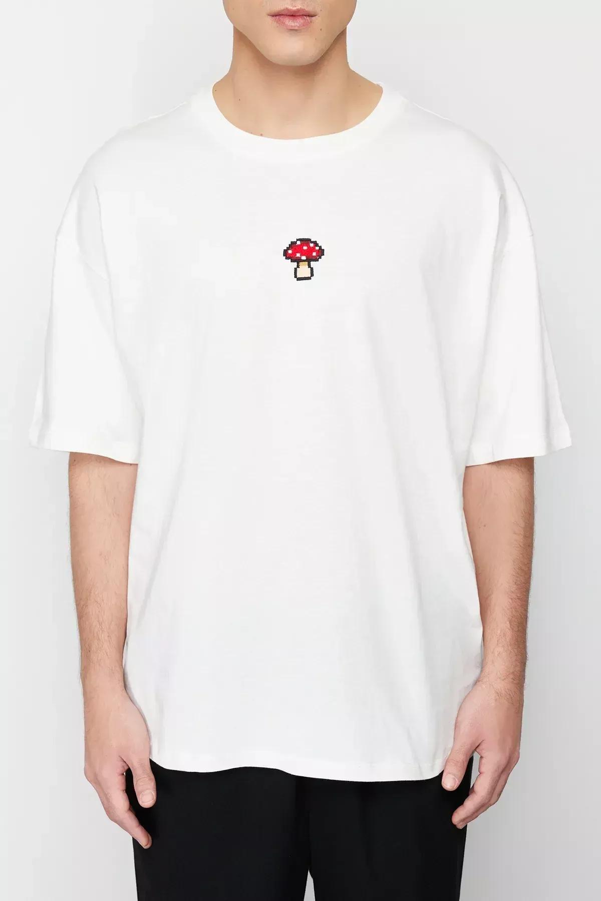 Beige Oversize Embroidered T-Shirt, Ecru, large image number 11