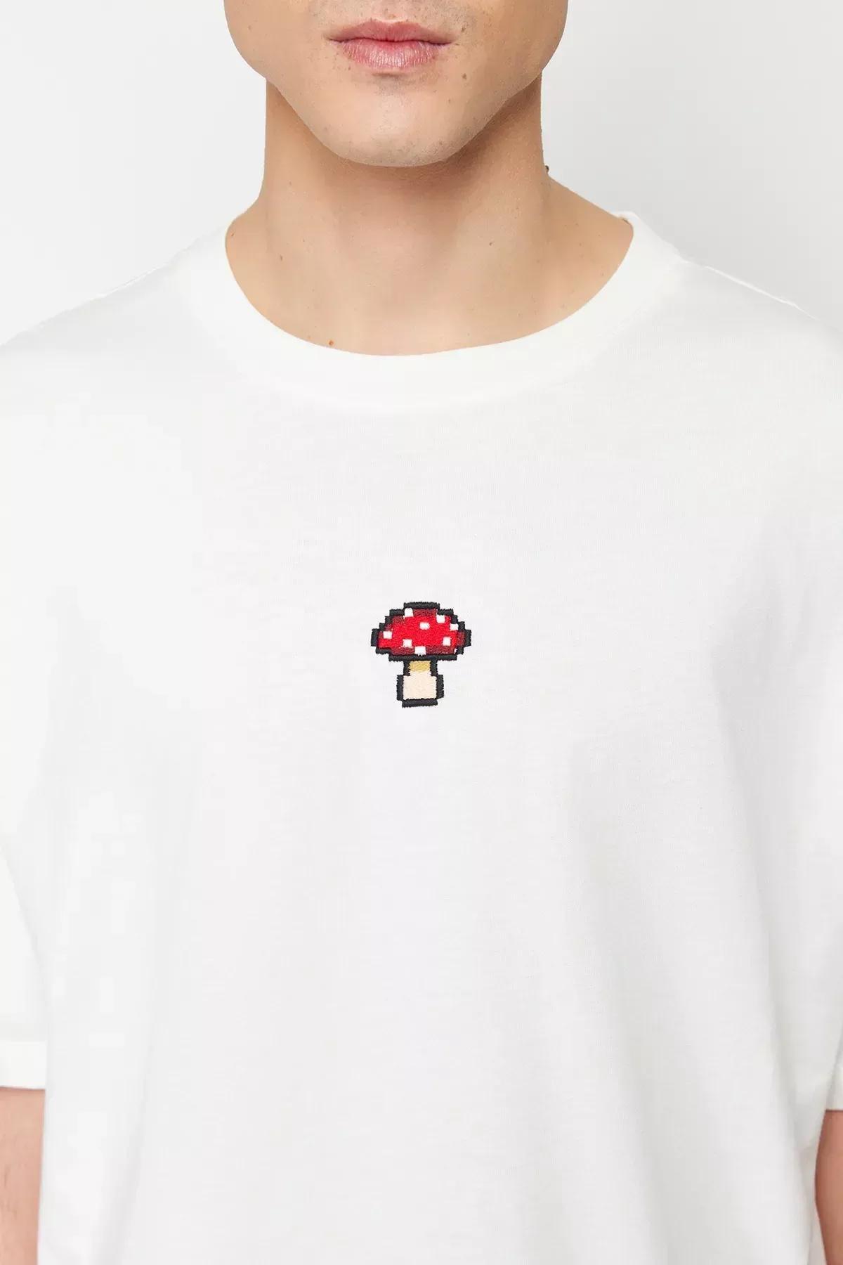 Beige Oversize Embroidered T-Shirt, Ecru, large image number 13