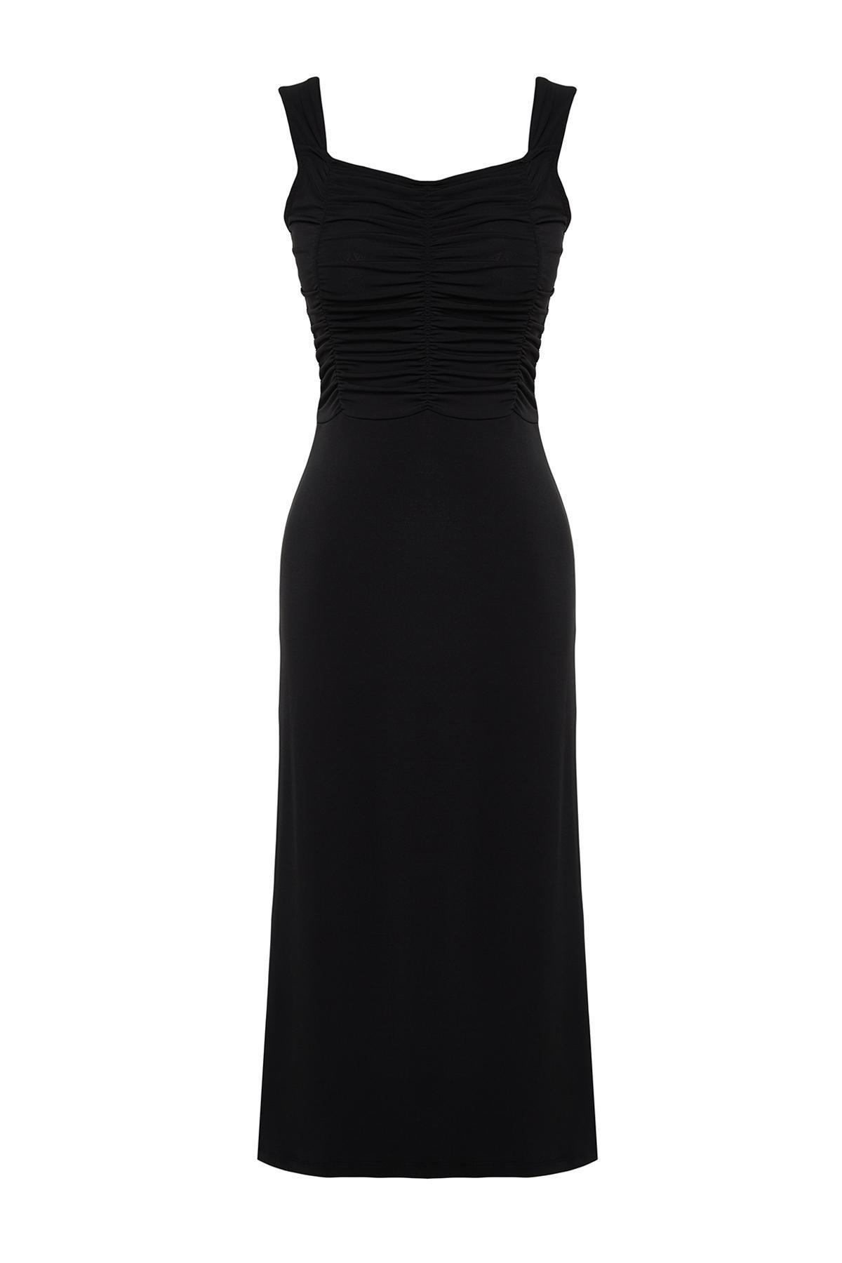 Trendyol - Black Gathered Knitted Midi Dress