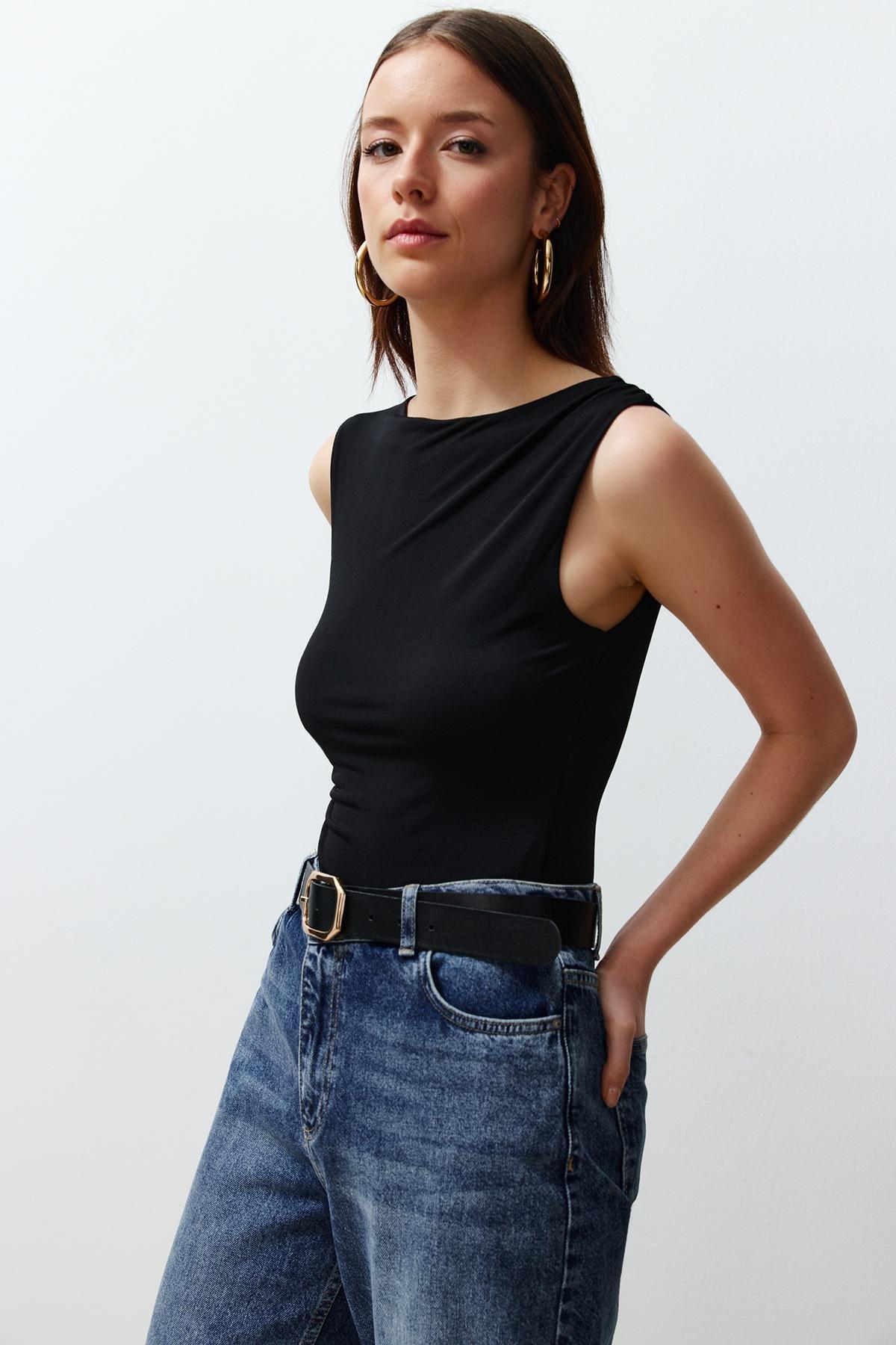 Black Gathered Detailed Boat Neck Flexible Snaps Knitted Bodysuit TWOSS24BD00020, , large image number 0