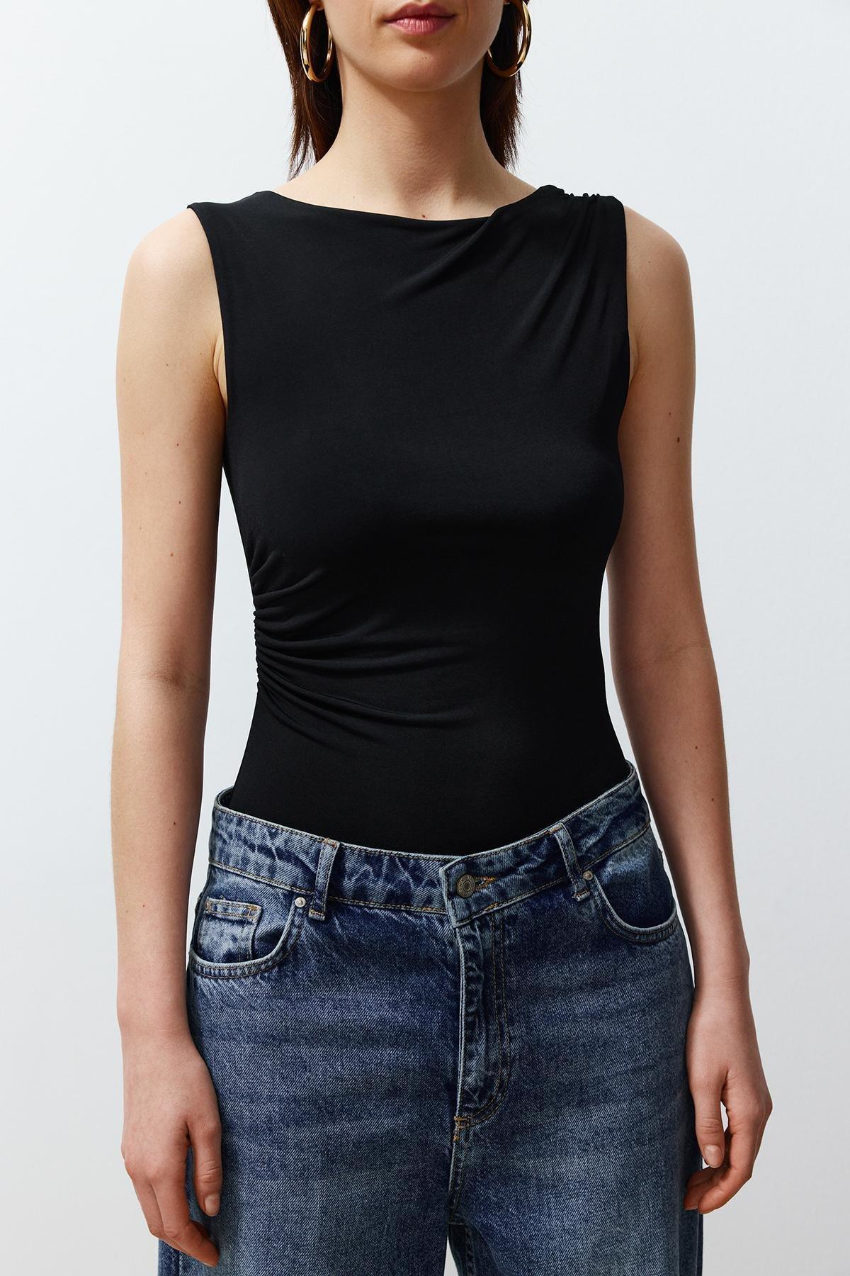 Black Gathered Detailed Boat Neck Flexible Snaps Knitted Bodysuit TWOSS24BD00020, , large image number 2
