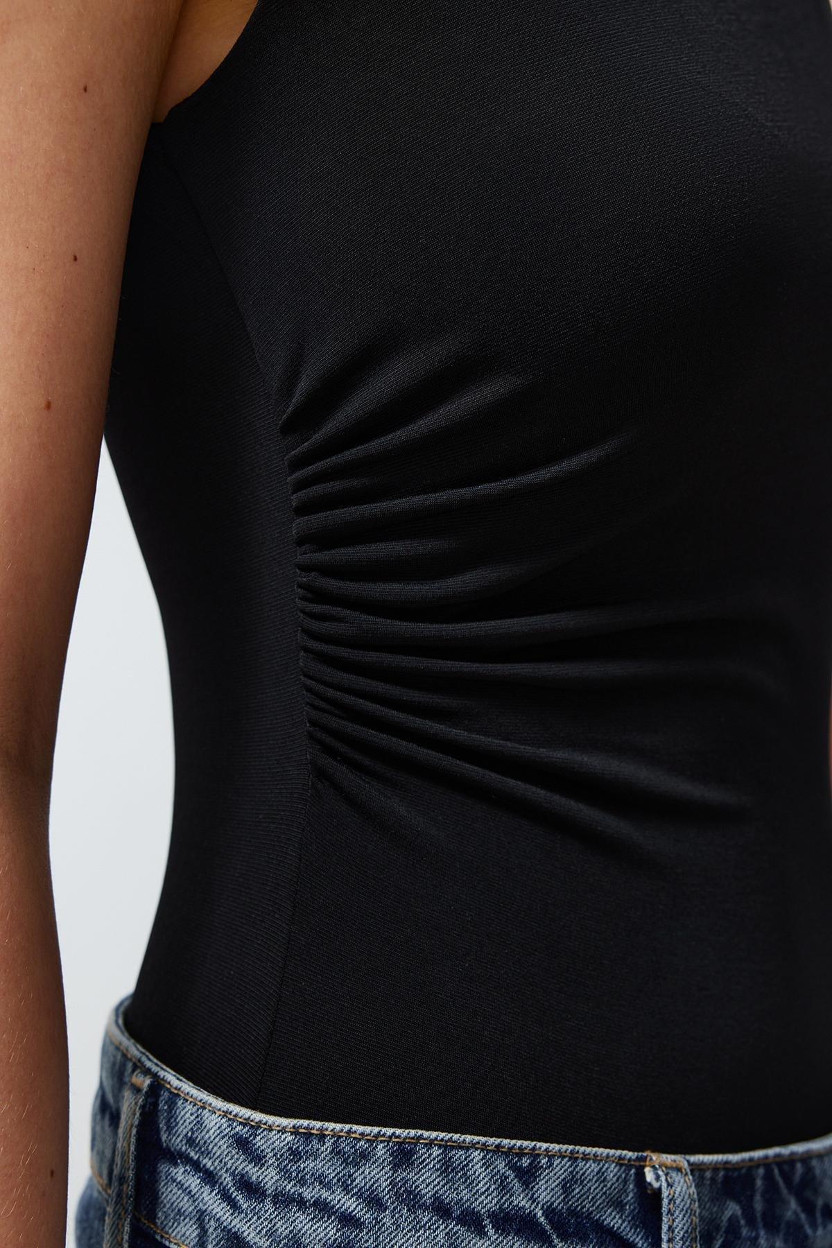 Black Gathered Detailed Boat Neck Flexible Snaps Knitted Bodysuit TWOSS24BD00020, , large image number 3