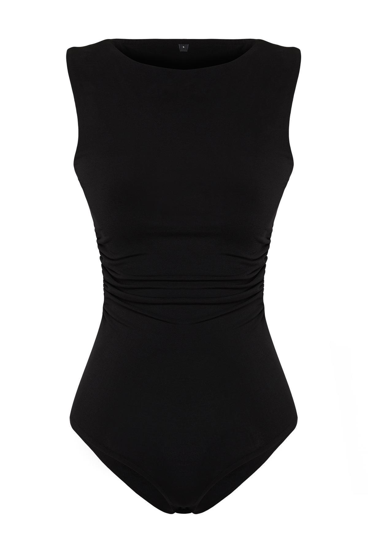 Black Gathered Detailed Boat Neck Flexible Snaps Knitted Bodysuit TWOSS24BD00020, , large image number 4