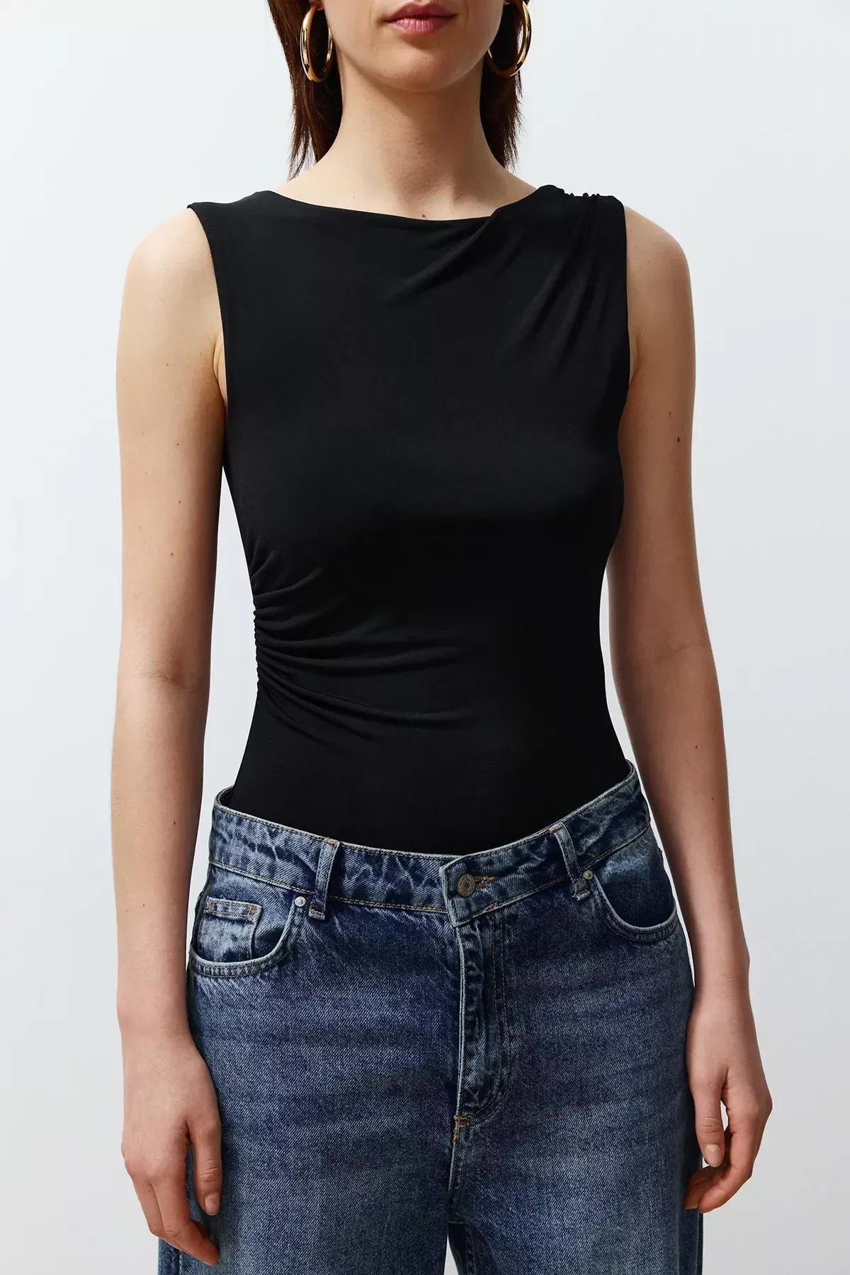 Black GatheRed Boat Neck Knitted Bodysuit, C101_5720, large image number 4