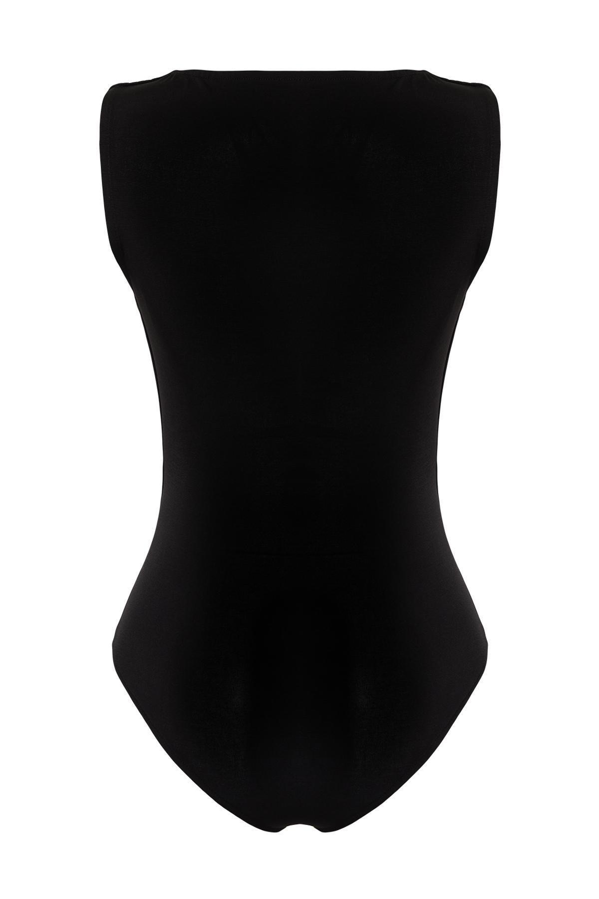 Black Gathered Detailed Boat Neck Flexible Snaps Knitted Bodysuit TWOSS24BD00020, , large image number 5