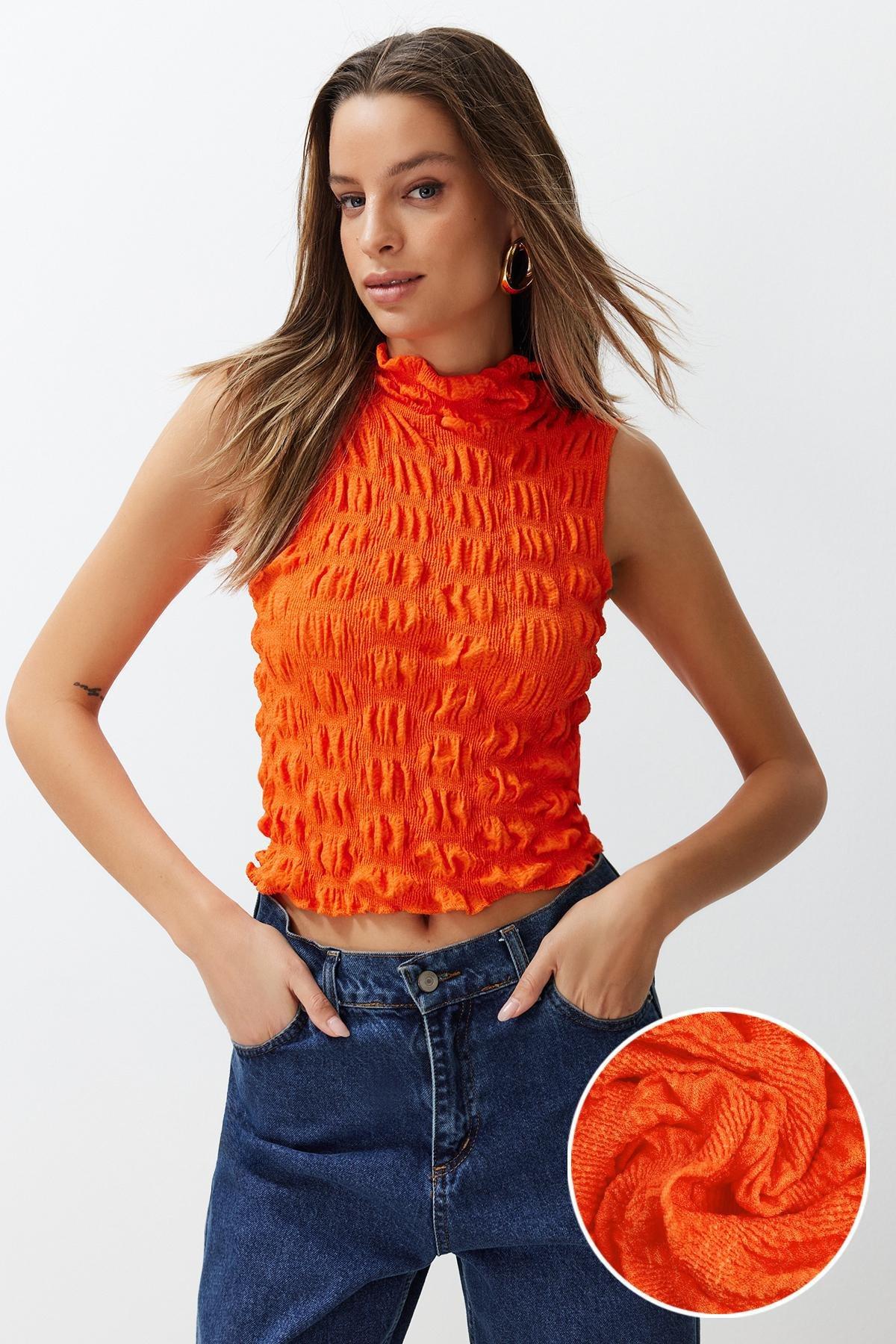 Orange High Collar Fitted Crop Textured Blouse, Orange, large image number 0