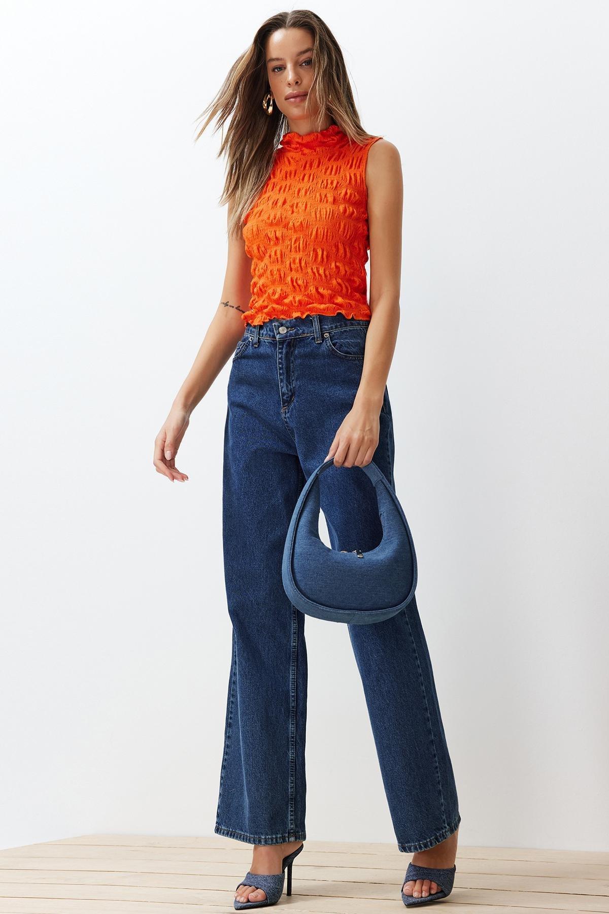 Orange High Collar Fitted Crop Textured Blouse, Orange, large image number 5