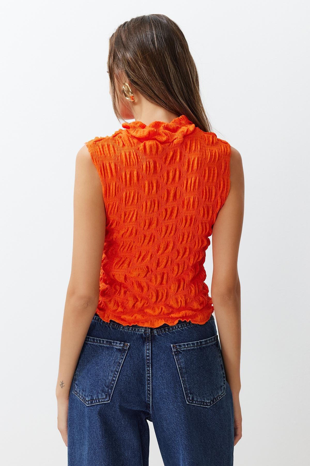 Orange High Collar Fitted Crop Textured Blouse, Orange, large image number 8