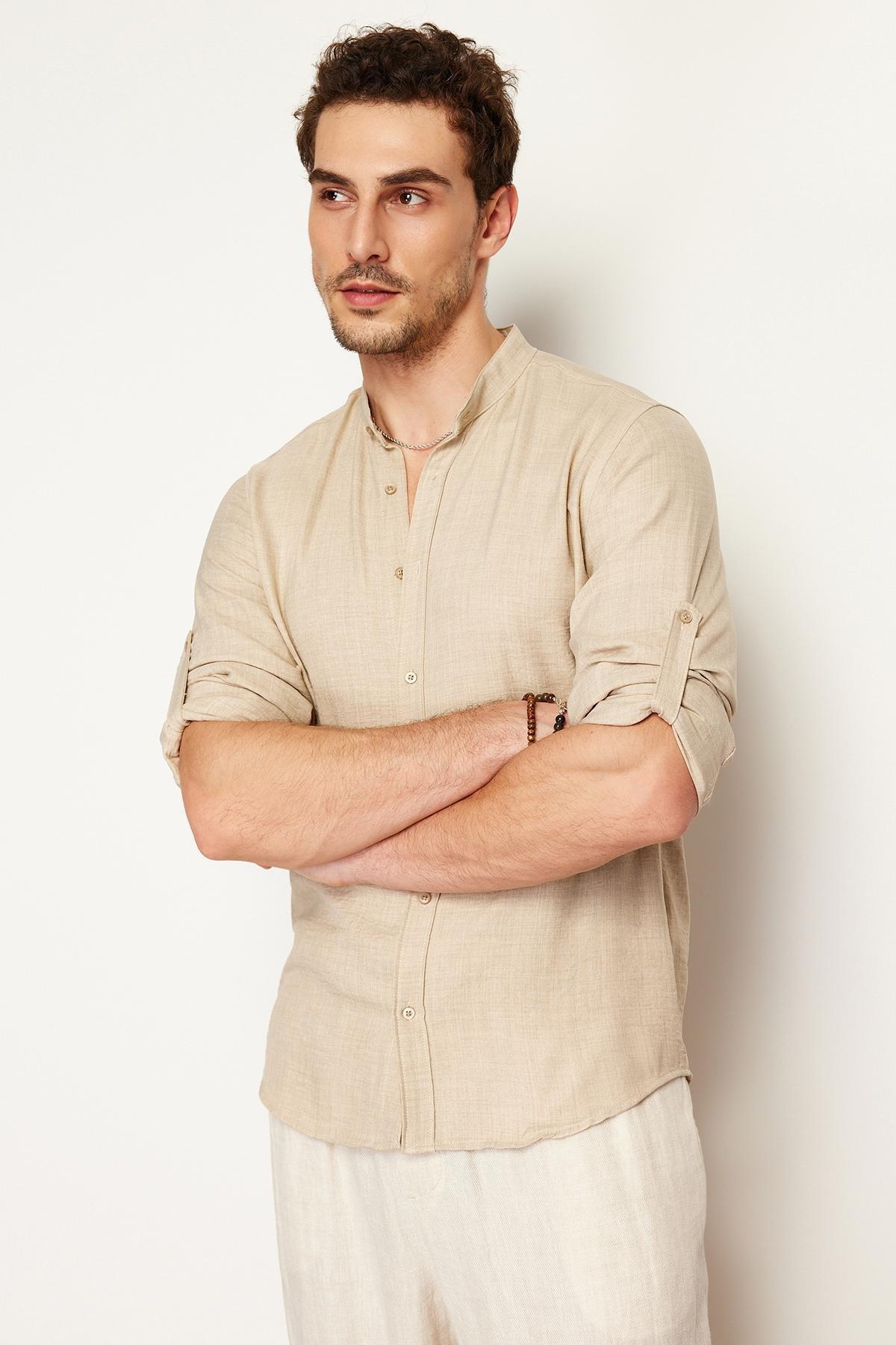 Beige Slim Fit Large Collar Casual Shirt, , large image number 0