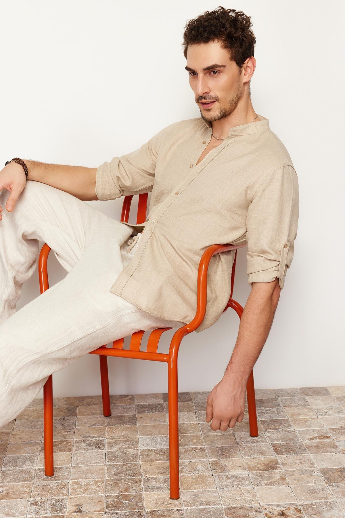 Beige Slim Fit Large Collar Casual Shirt, , large image number 1