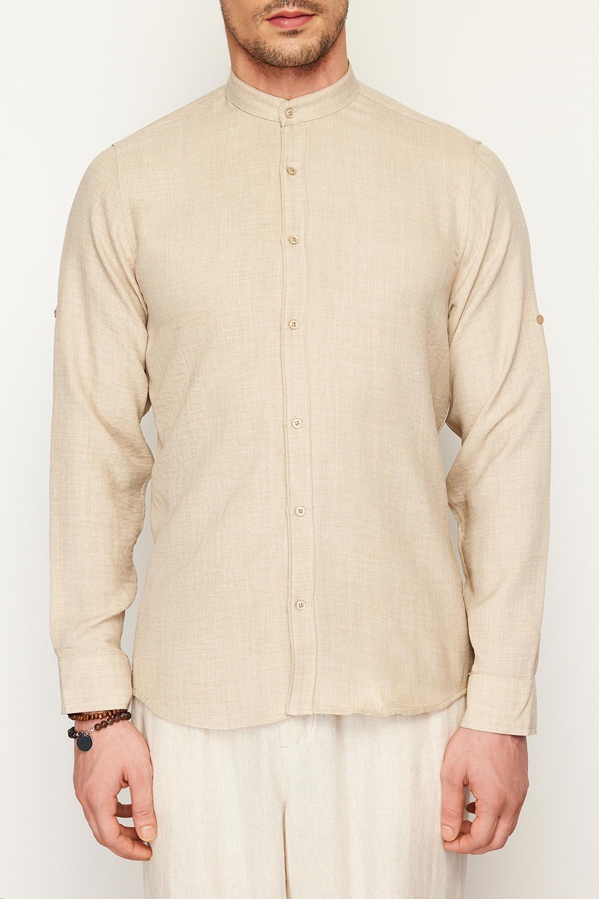 Beige Slim Fit Large Collar Casual Shirt, , large image number 2