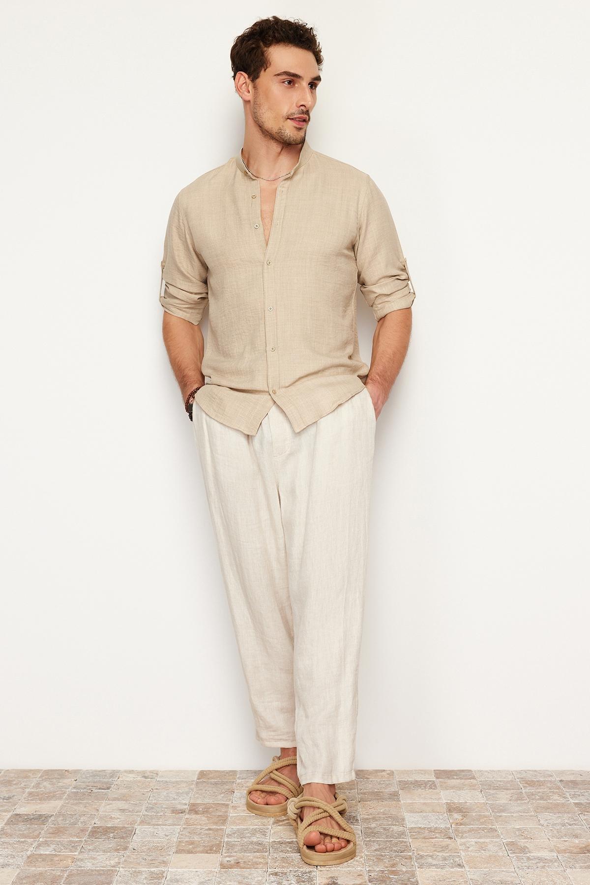 Beige Slim Fit Large Collar Casual Shirt, , large image number 3