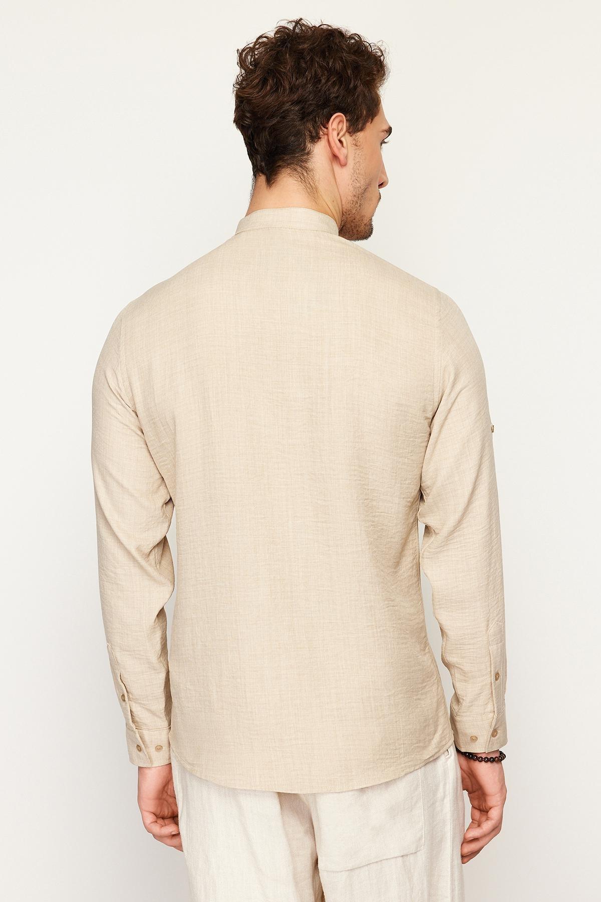 Beige Slim Fit Large Collar Casual Shirt, , large image number 4
