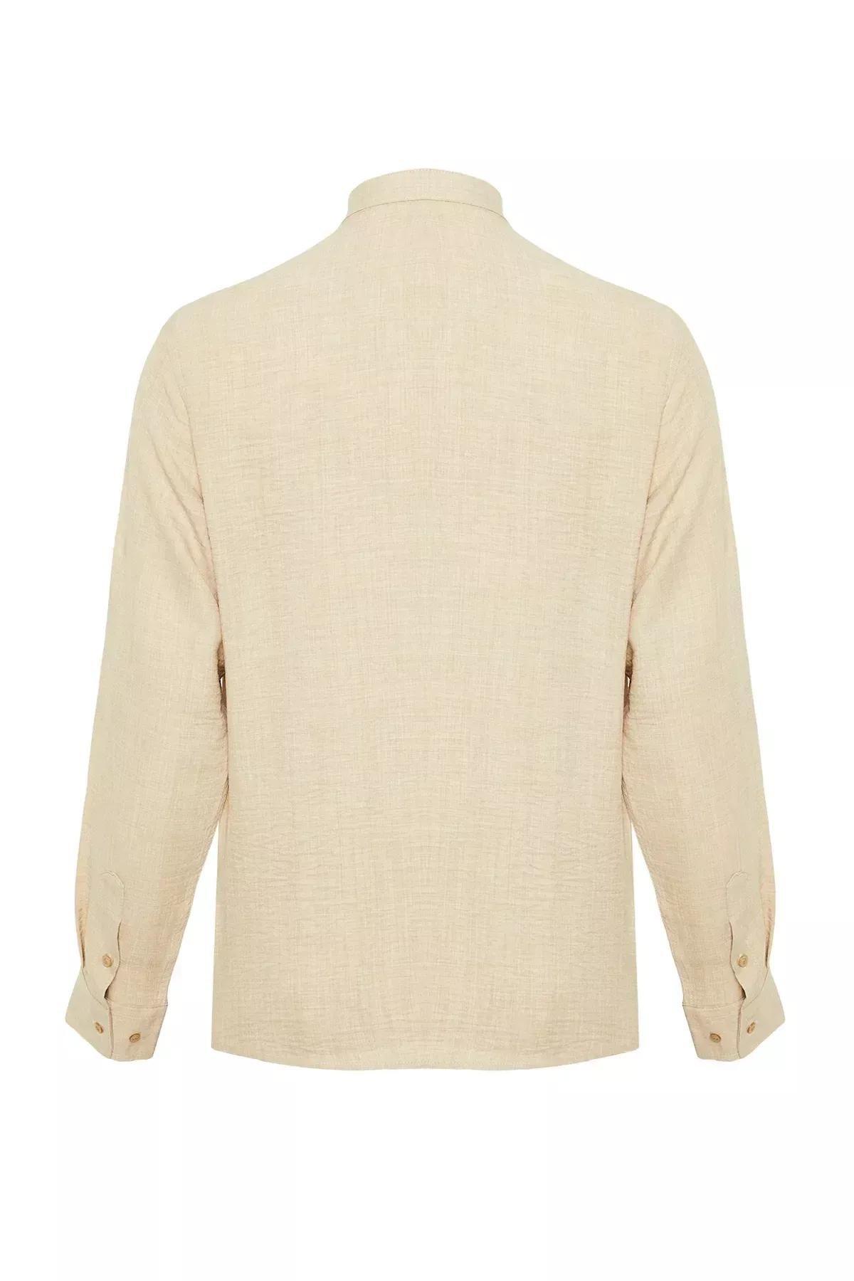 Beige Slim Fit Large Collar Casual Shirt, , large image number 6